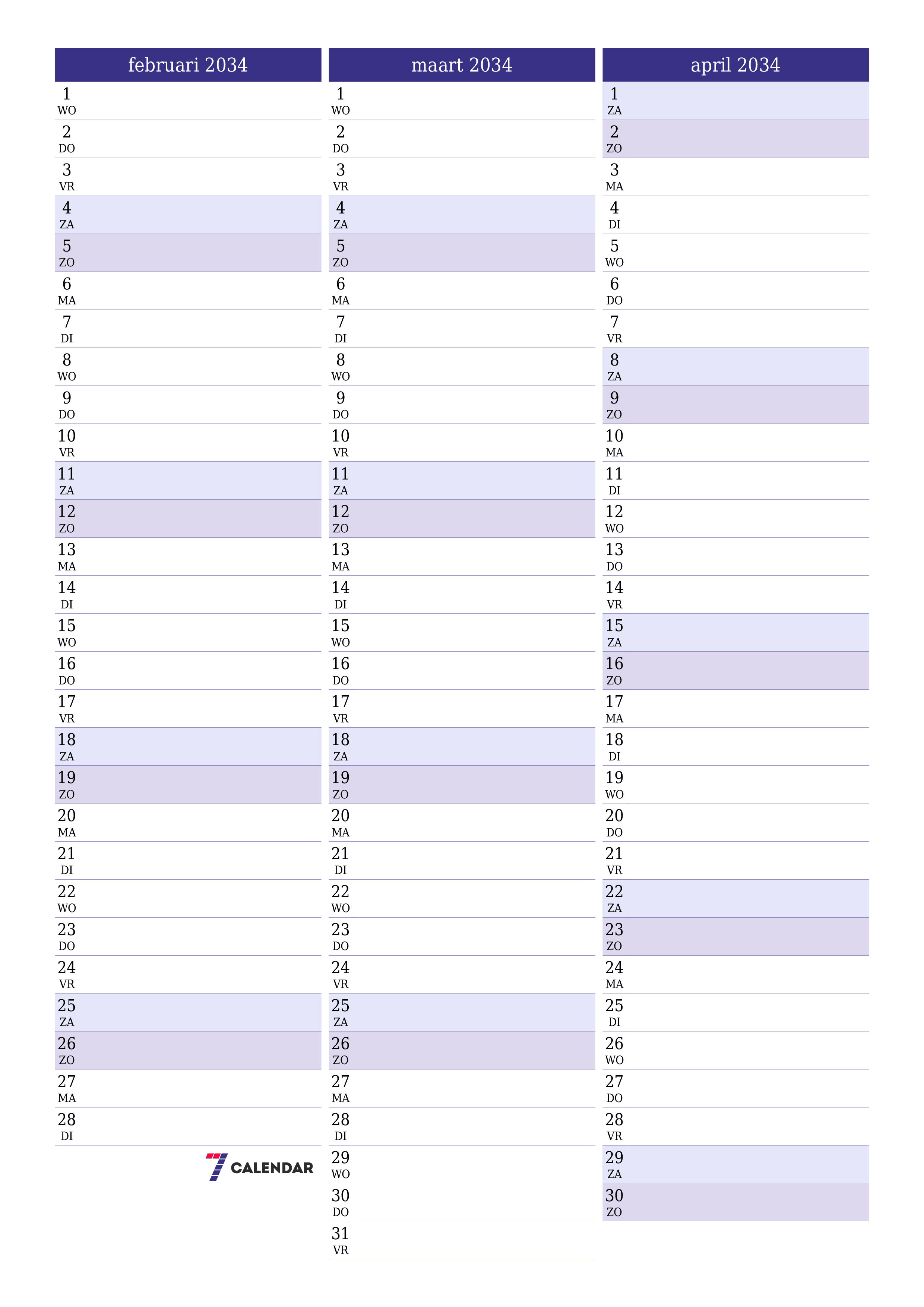 afdrukbare muur sjabloon gratis verticaal Maandelijks planner kalender februari (feb) 2034