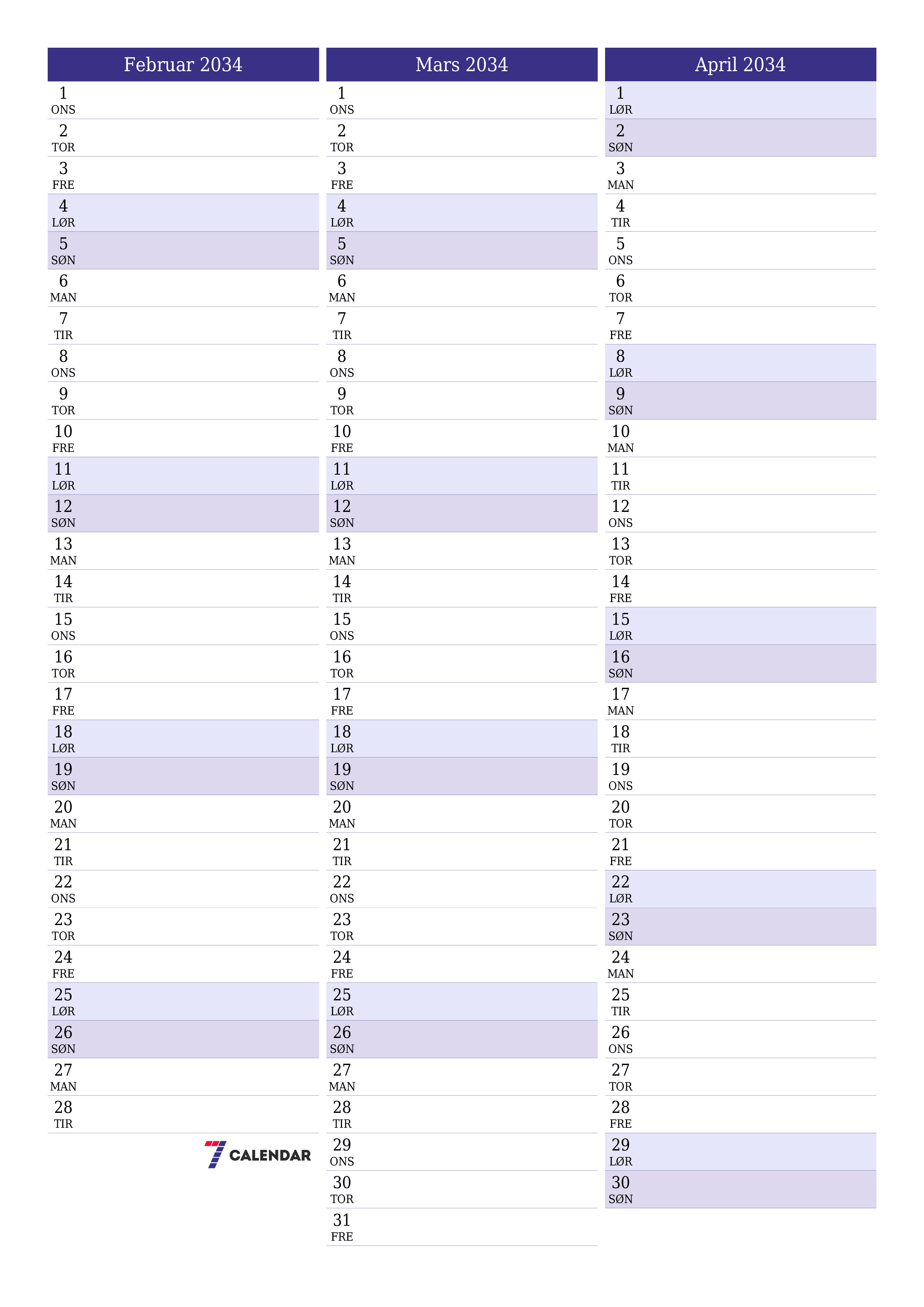 utskrivbar vegg mal gratis vertikal Månedlig planlegger kalender Februar (Feb) 2034