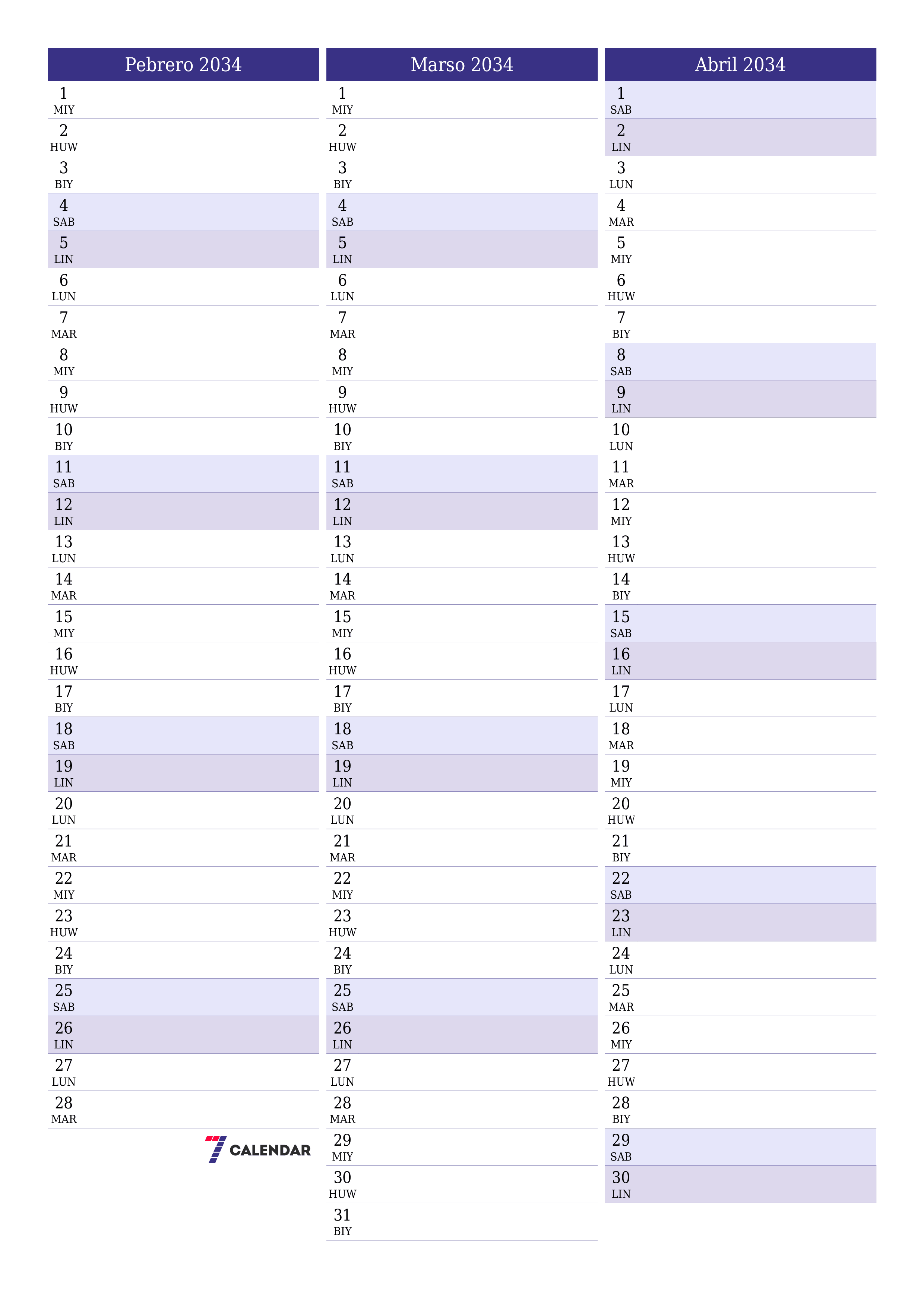 Walang laman na buwanang tagaplano para sa buwan na Pebrero 2034 na may mga tala, i-save at i-print sa PDF PNG Filipino