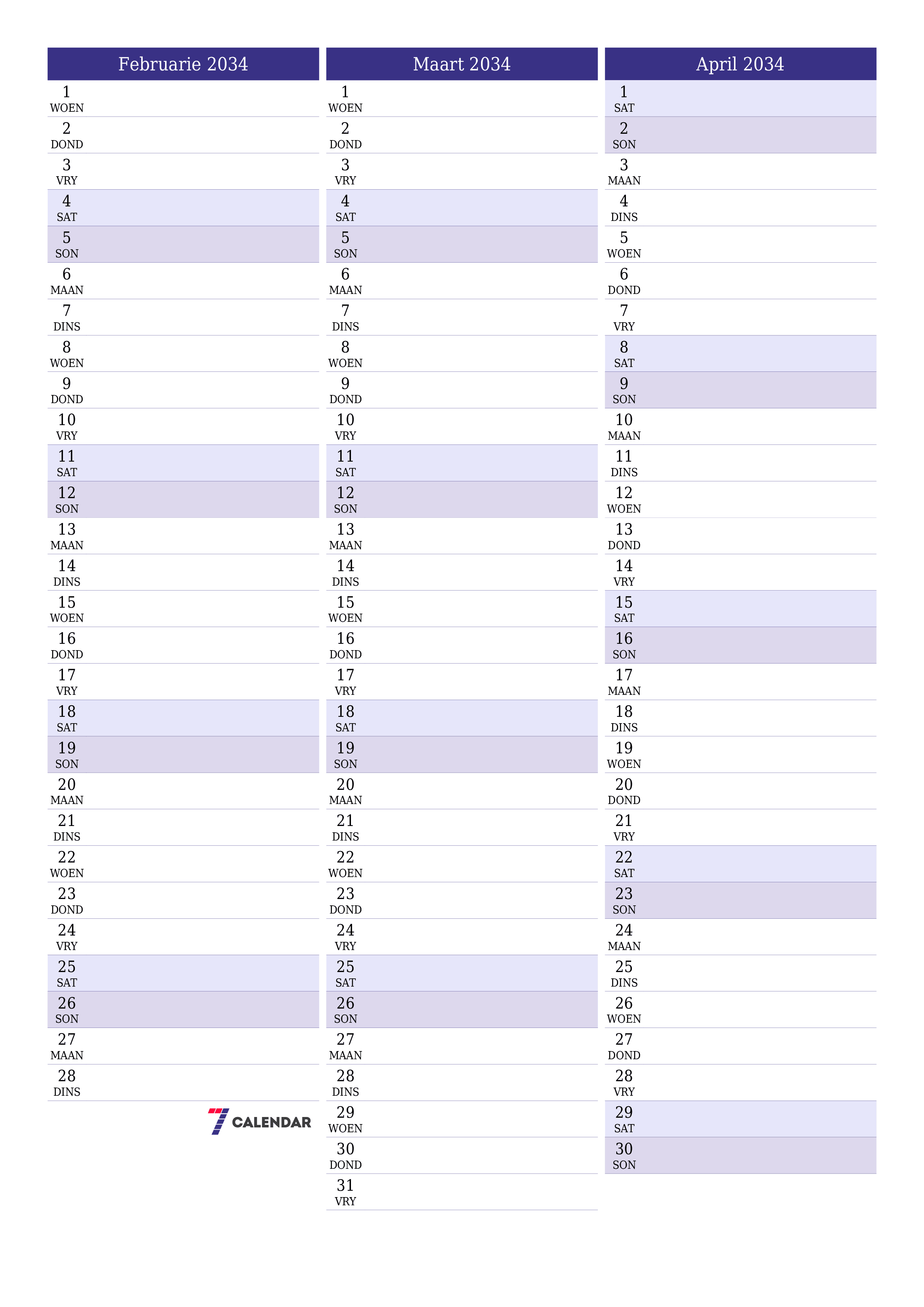 Leë maandelikse drukbare kalender en beplanner vir maand Februarie 2034 met notas stoor en druk na PDF PNG Afrikaans