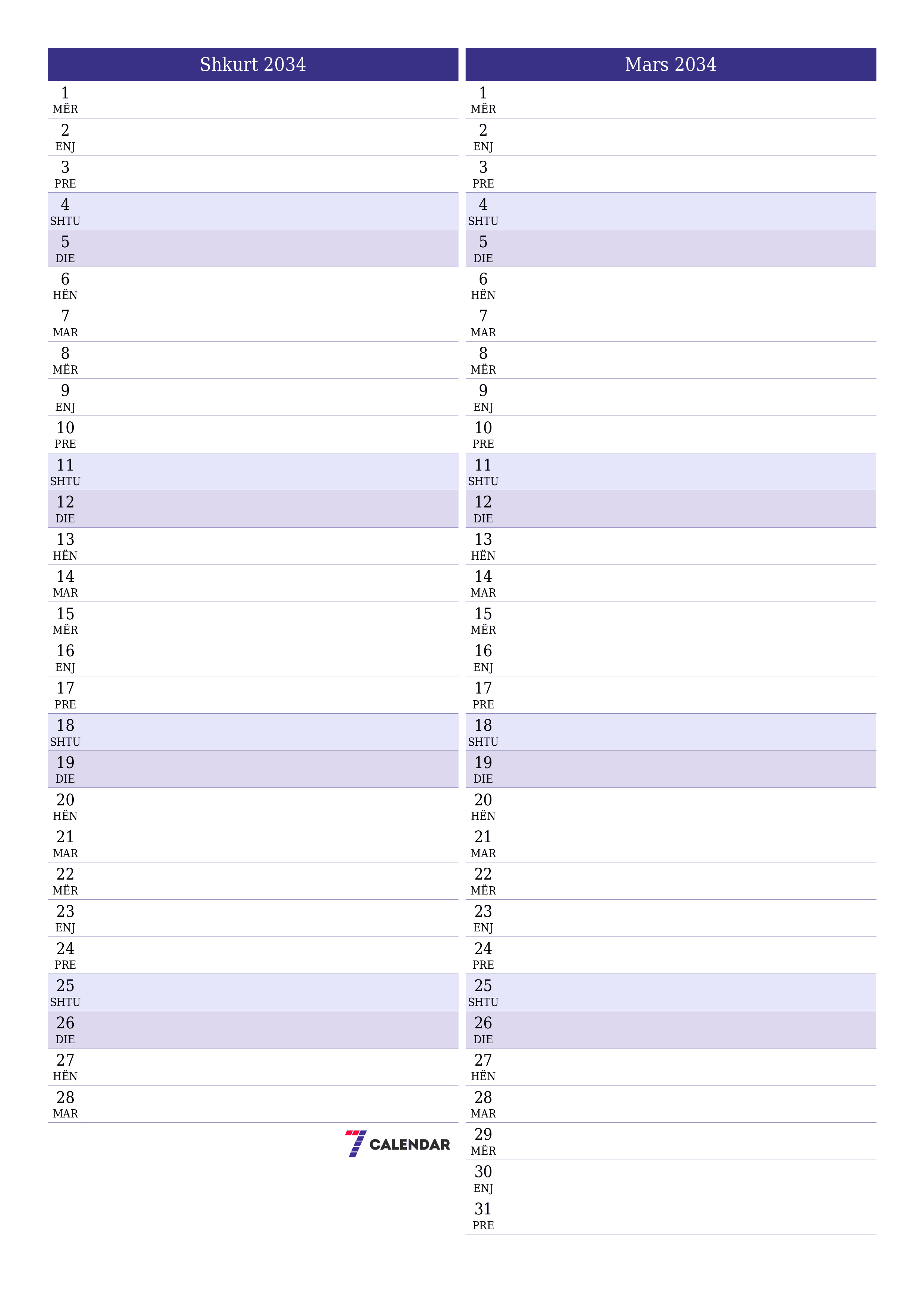 Planifikuesi i zbrazët i kalendarit mujor për muajin Shkurt 2034 me shënime të ruajtura dhe të printuara në PDF PNG Albanian