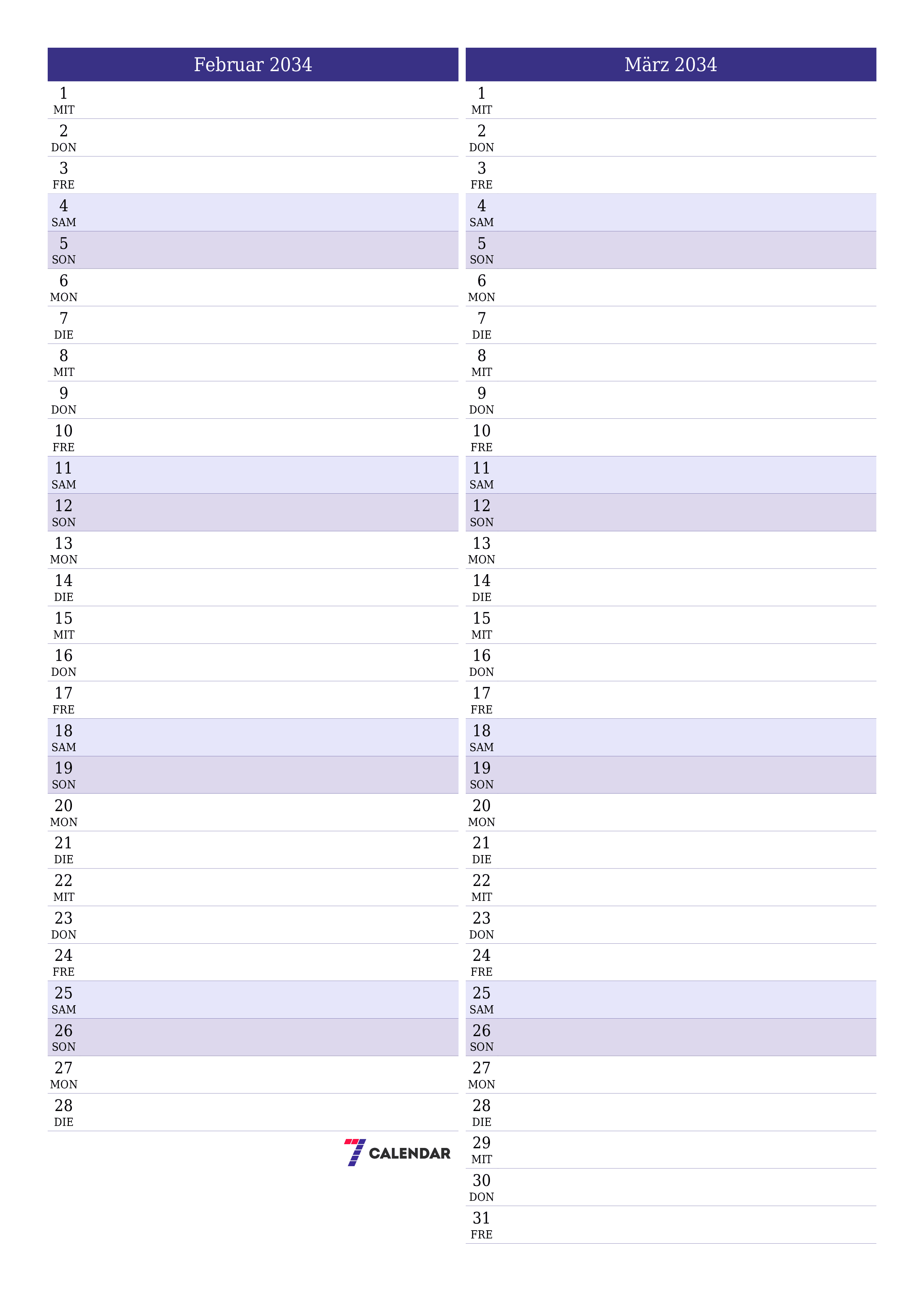  zum Ausdrucken Wandkalender vorlage kostenloser vertikal Monatlich Planer Kalender Februar (Feb) 2034