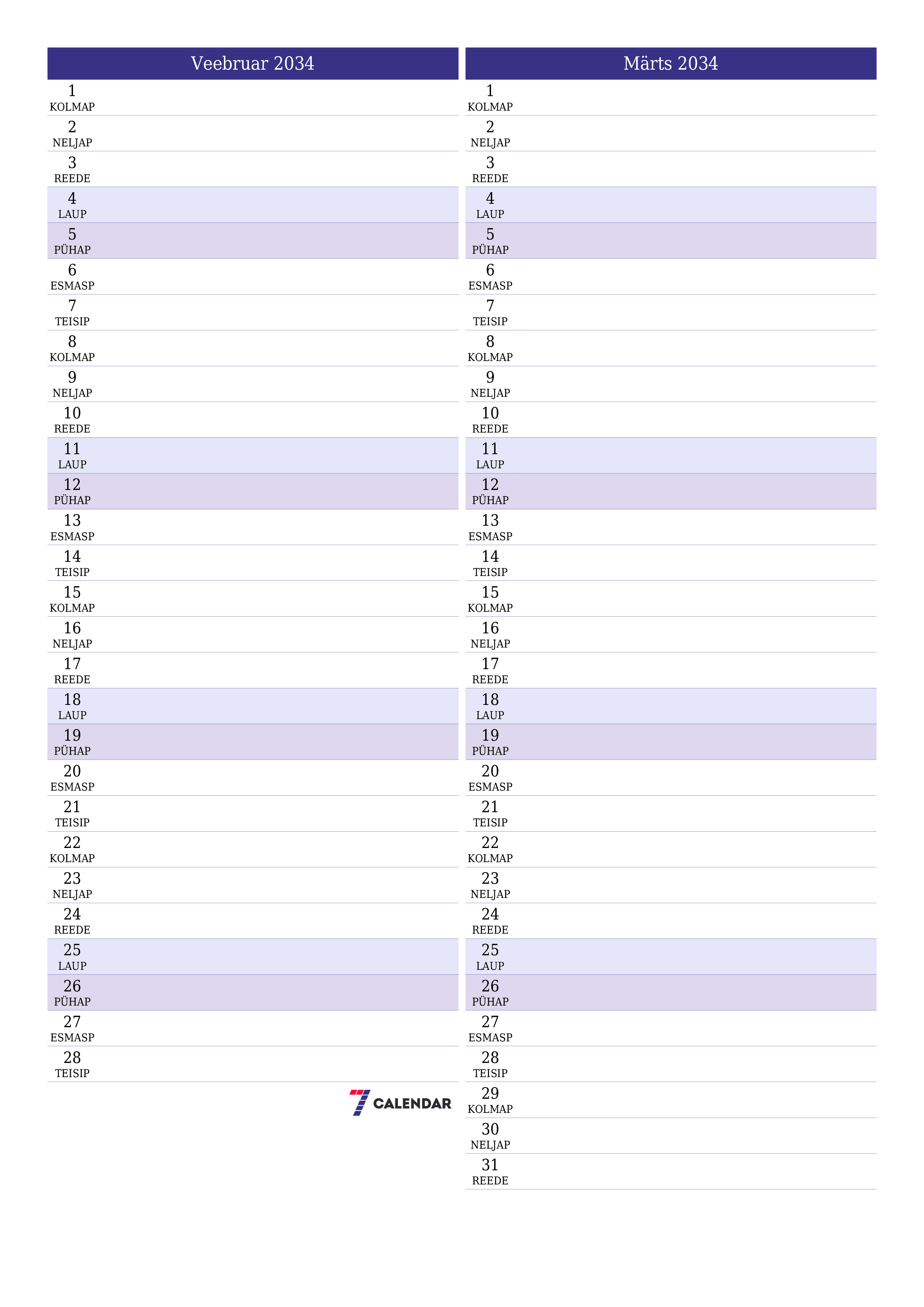 Tühjendage kuu Veebruar 2034 kuuplaneerija märkmetega, salvestage ja printige PDF-i PNG Estonian