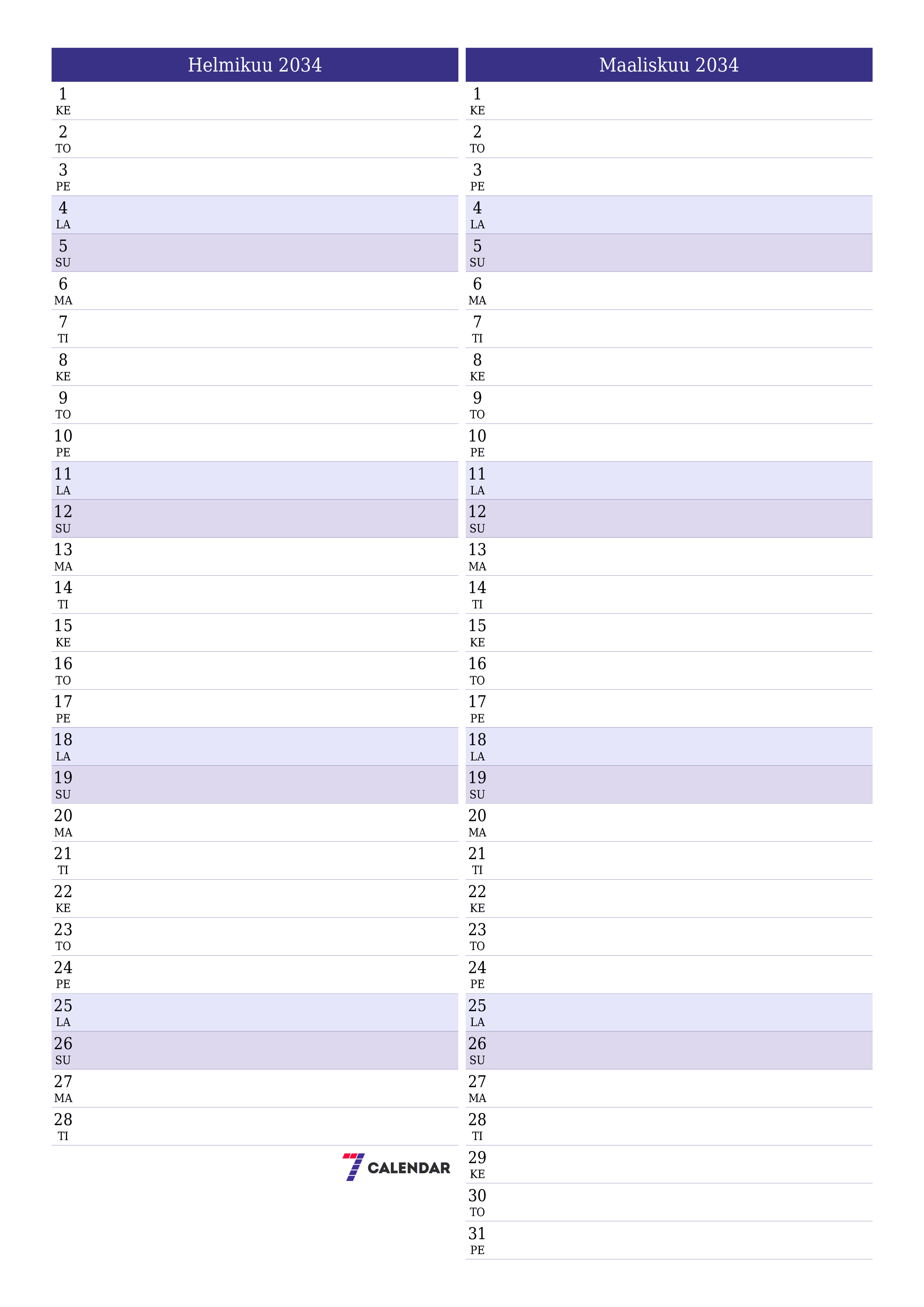 Tyhjennä kuukausittainen suunnittelija kuukaudelle Helmikuu 2034 muistiinpanoilla, tallenna ja tulosta PDF-muotoon PNG Finnish