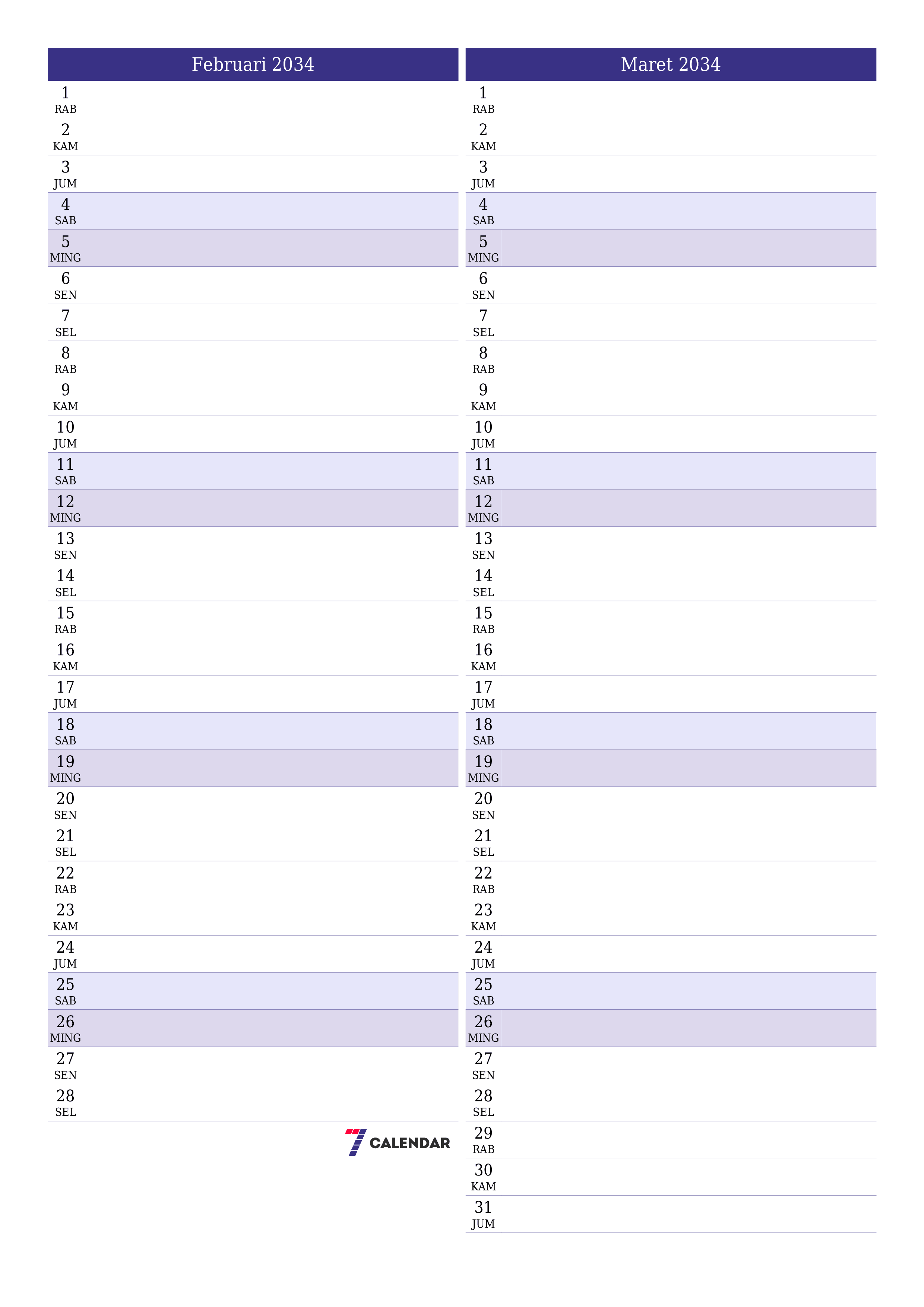 Kosongkan agenda bulanan untuk bulan Februari 2034 dengan catatan, simpan dan cetak ke PDF PNG Indonesian