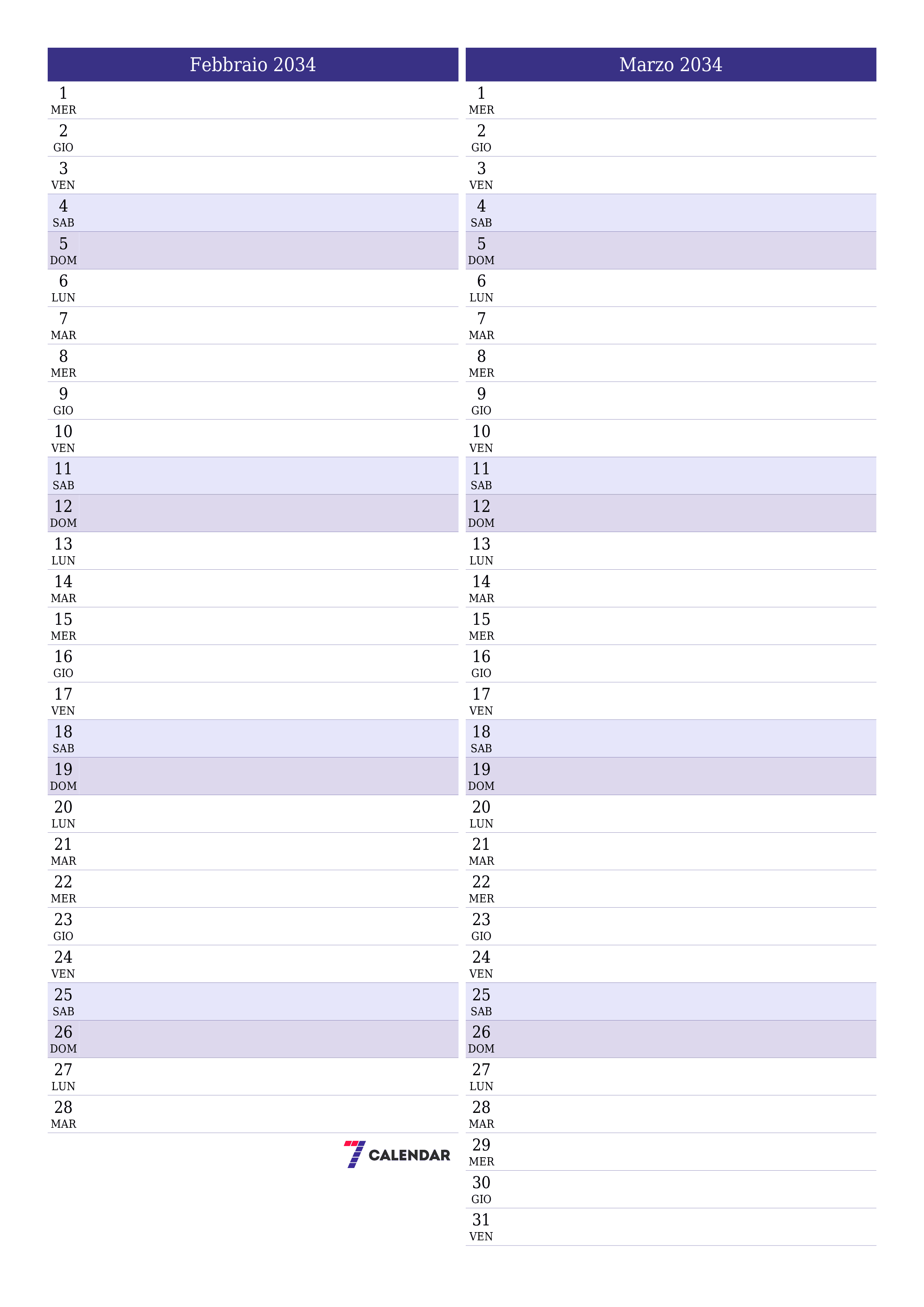Pianificatore mensile vuoto per il mese Febbraio 2034 con note, salva e stampa in PDF PNG Italian