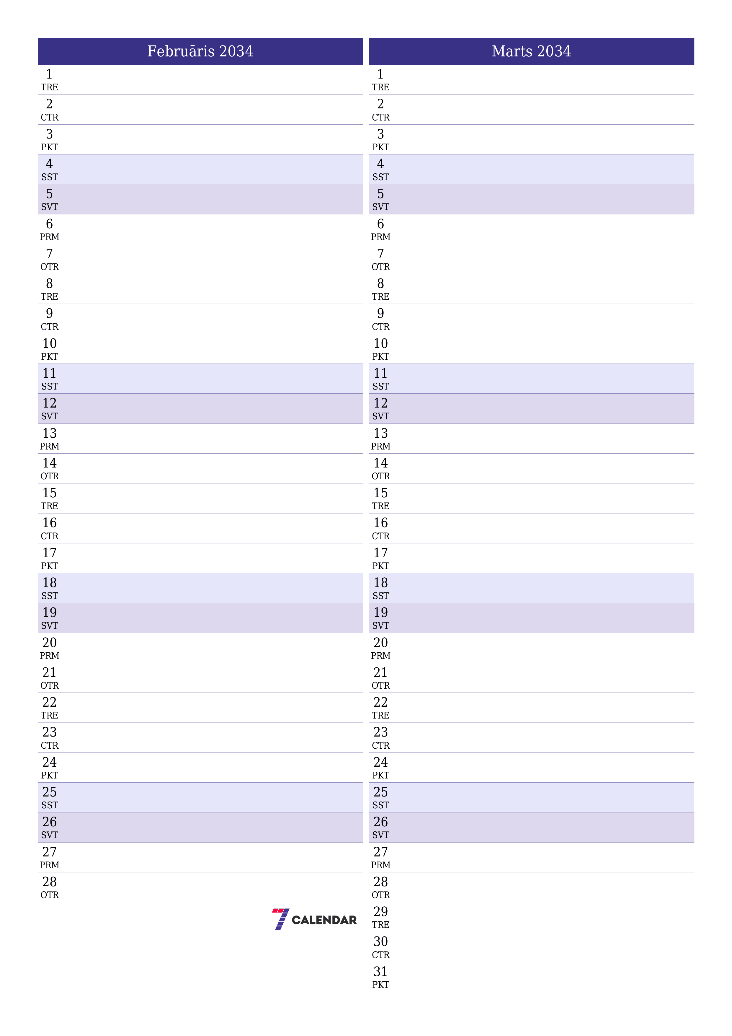 izdrukājams sienas kalendāra veidne bezmaksas vertikāli Mēneša plānotājs kalendārs Februāris (Feb) 2034