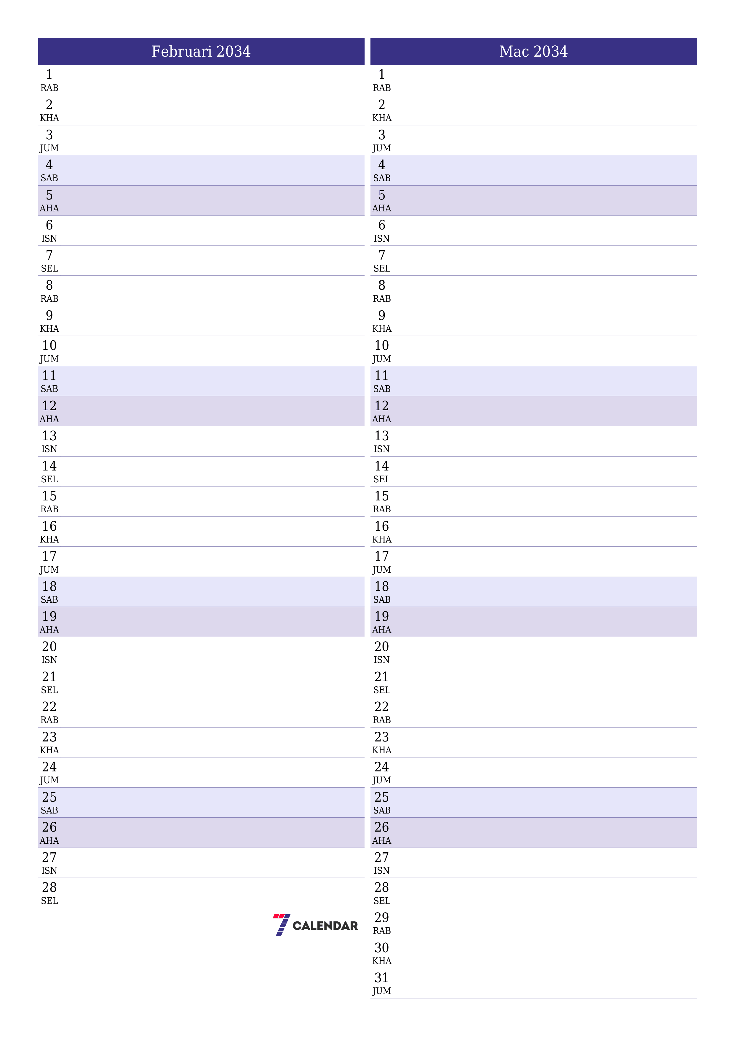  boleh cetak dinding templat percumamenegak Bulanan perancang kalendar Februari (Feb) 2034