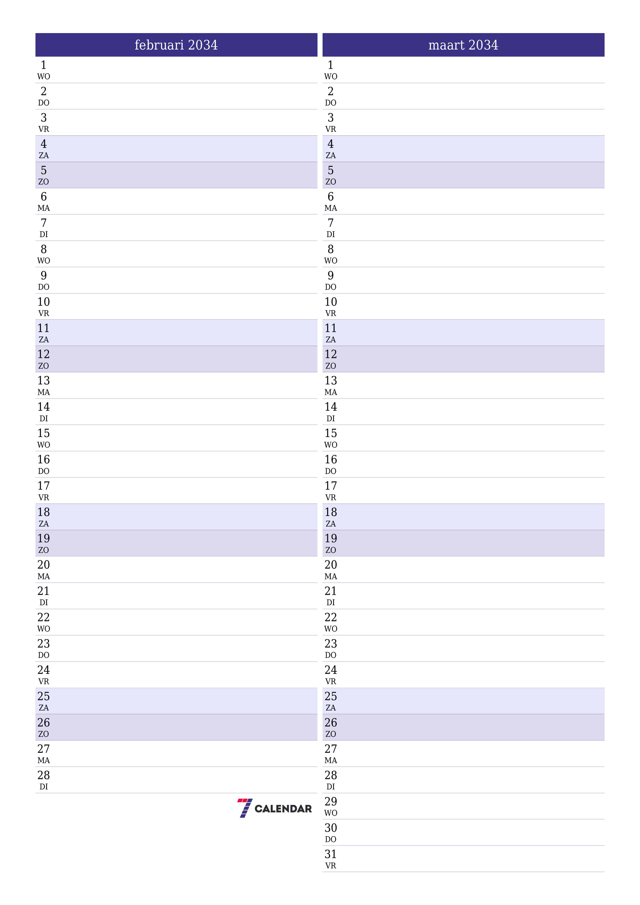 afdrukbare muur sjabloon gratis verticaal Maandelijks planner kalender februari (feb) 2034