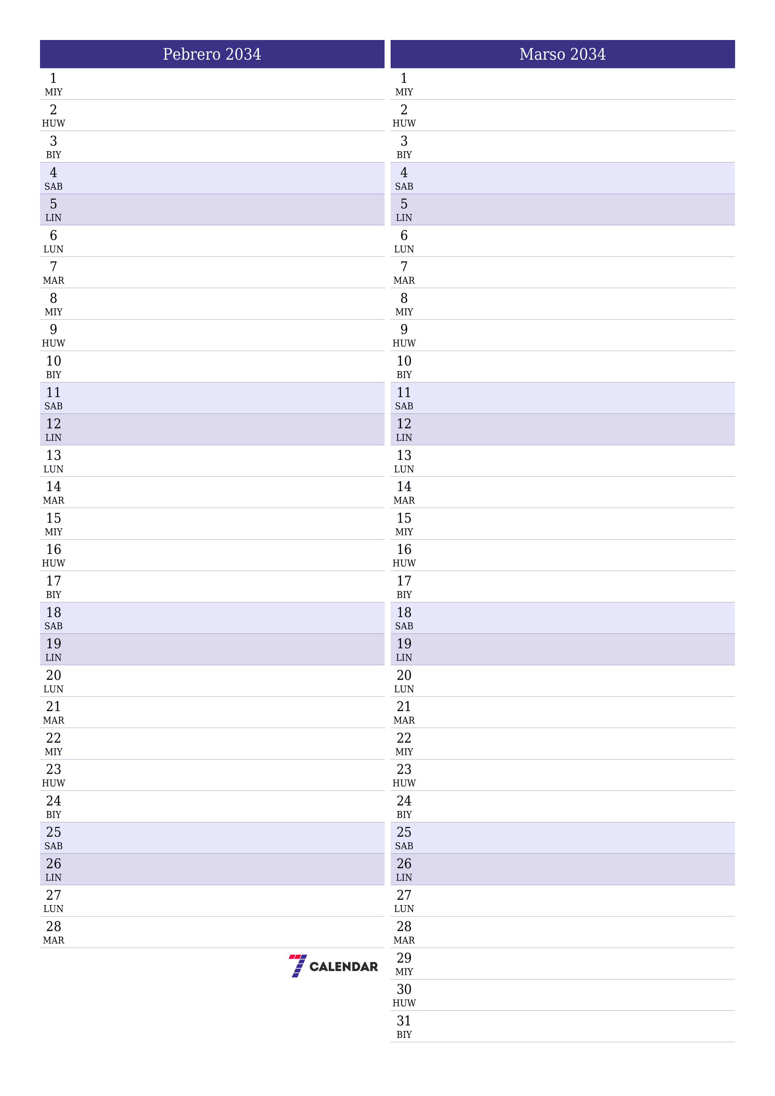 Walang laman na buwanang tagaplano para sa buwan na Pebrero 2034 na may mga tala, i-save at i-print sa PDF PNG Filipino
