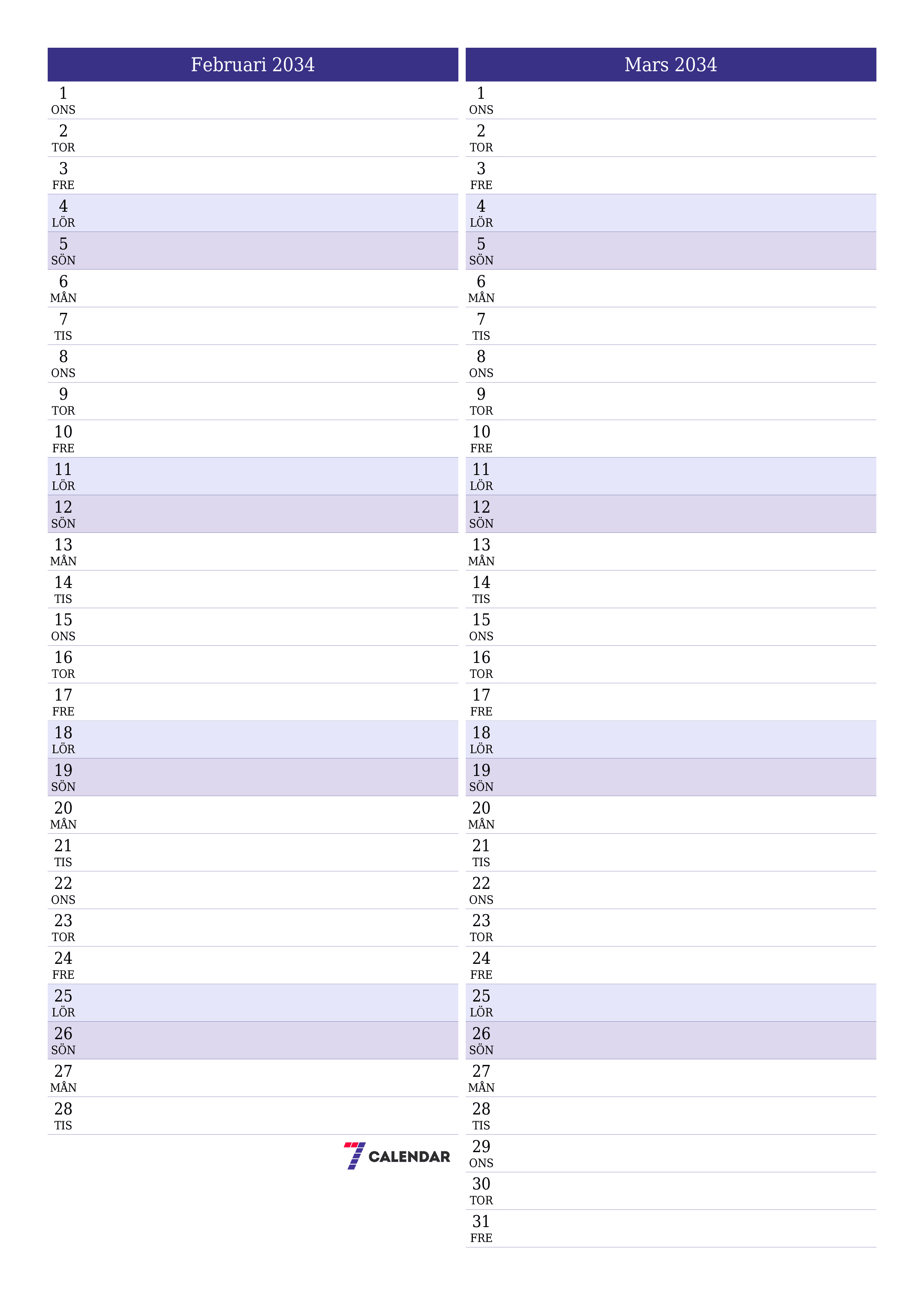 utskrivbar vägg mall gratis vertikal Månatlig planerare kalender Februari (Feb) 2034