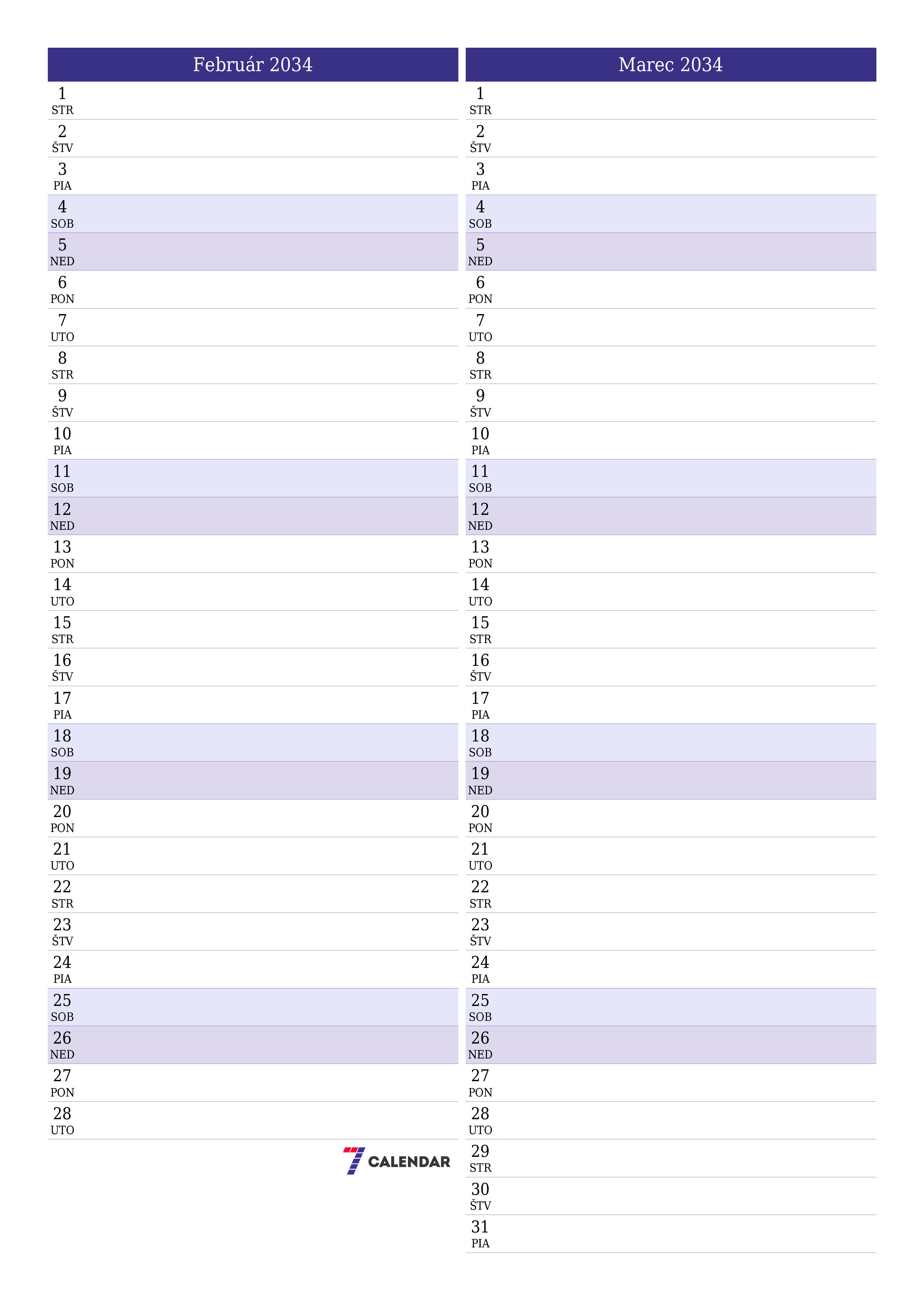 vytlačiteľný nástenný šablóna a bezplatný вертикальный Mesačne plánovač kalendár Február (Feb) 2034