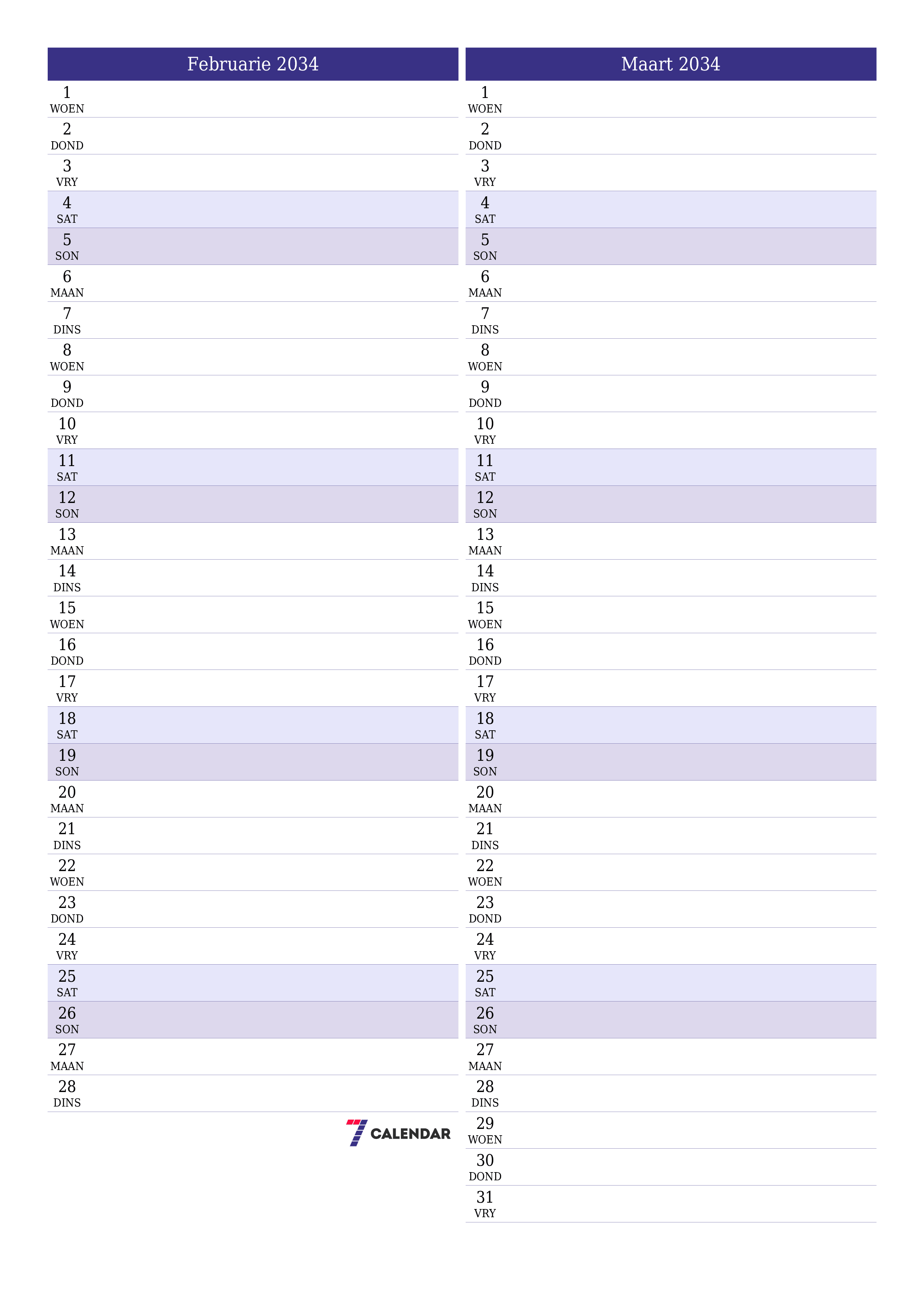Leë maandelikse drukbare kalender en beplanner vir maand Februarie 2034 met notas stoor en druk na PDF PNG Afrikaans