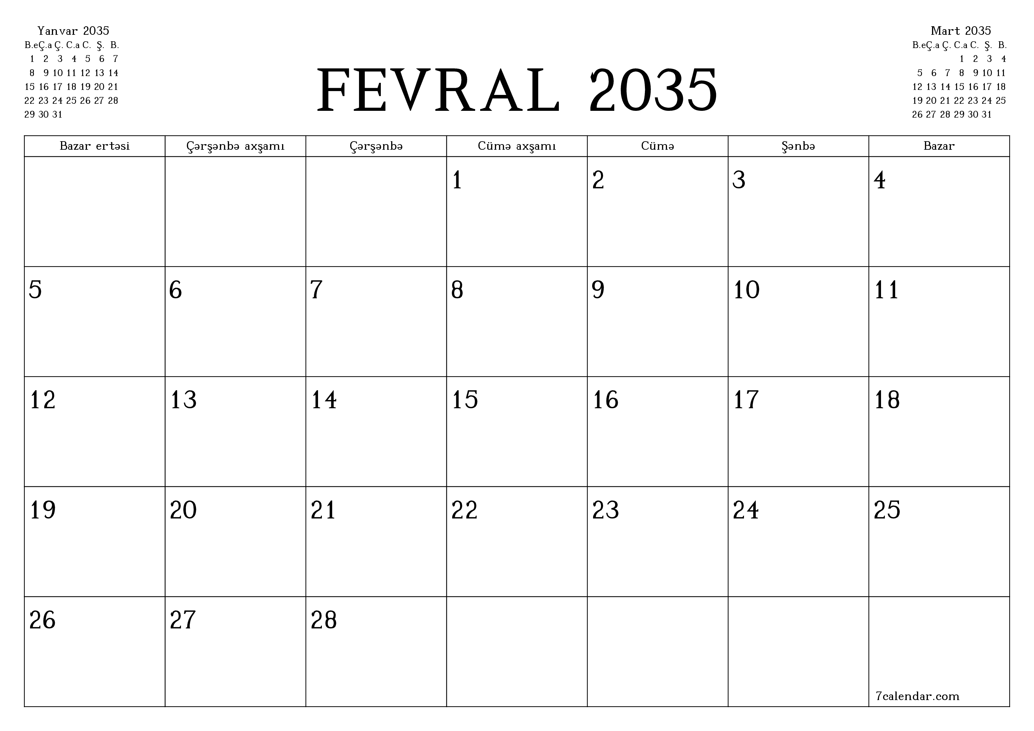 Fevral 2035 ayı üçün qeydlər ilə boş aylıq planlayıcı, qeyd edin və PDF-ə yazdırın PNG Azerbaijani