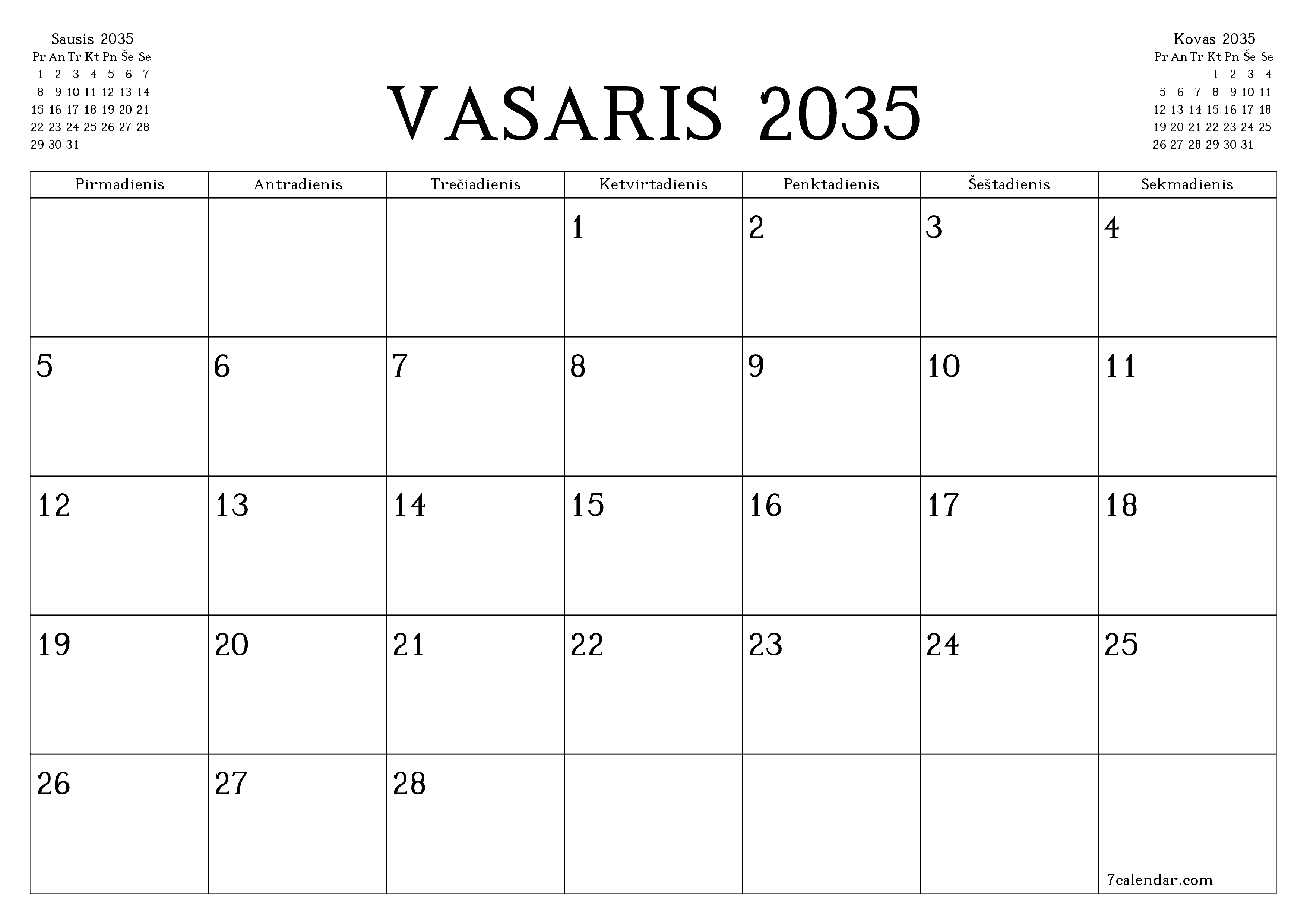 Ištuštinti mėnesio Vasaris 2035 mėnesio planavimo priemonę su užrašais, išsaugoti ir atsispausdinti PDF formate PNG Lithuanian