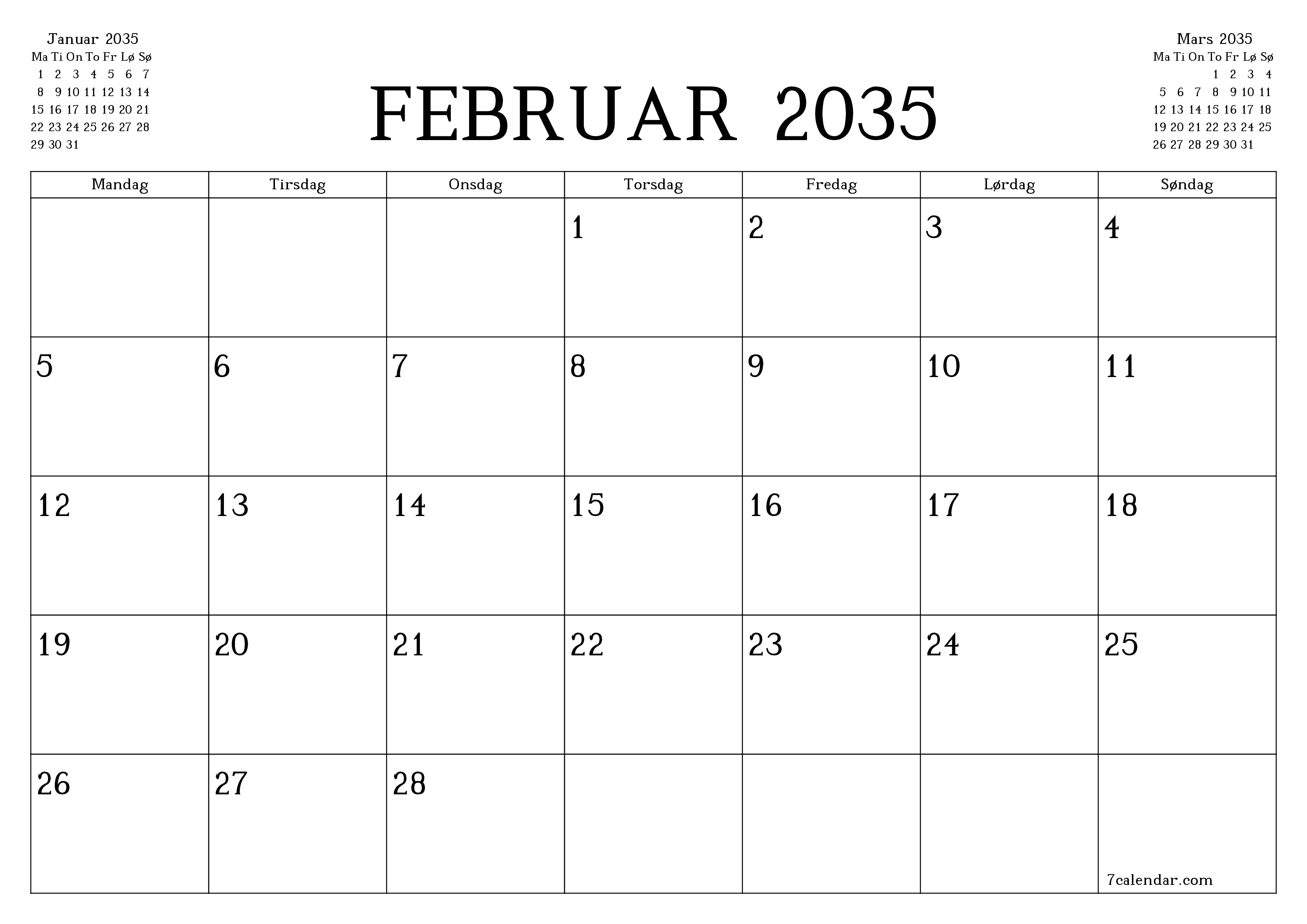 Tom månedlig planlegger for måned Februar 2035 med notater, lagre og skriv ut til PDF PNG Norwegian