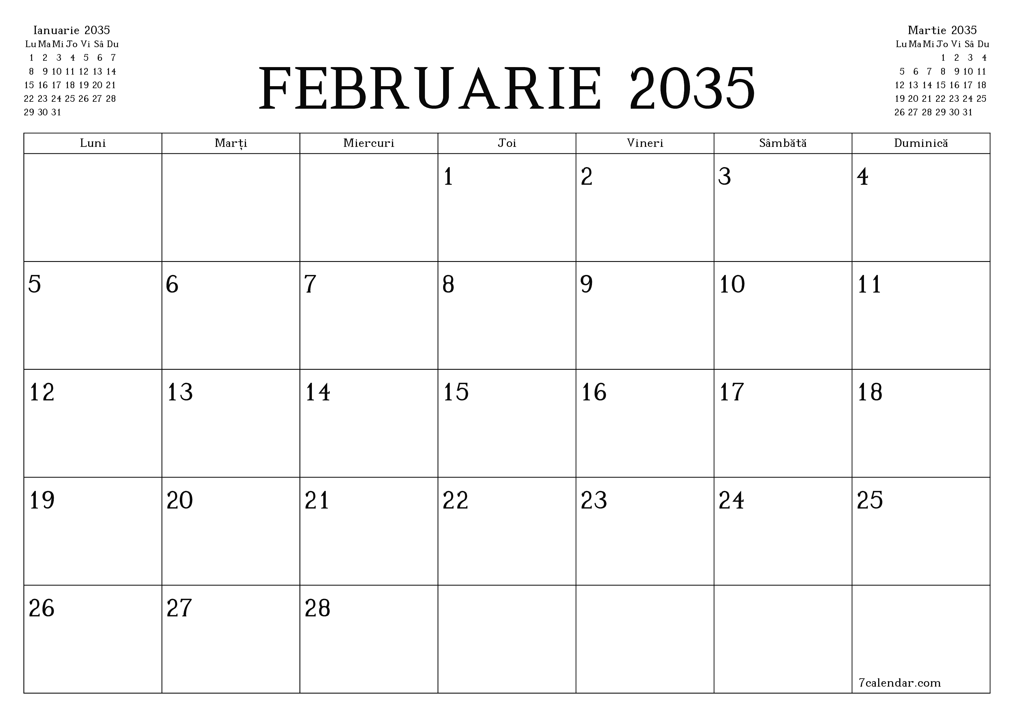 Planificator lunar gol pentru luna Februarie 2035 cu note, salvați și tipăriți în PDF PNG Romanian