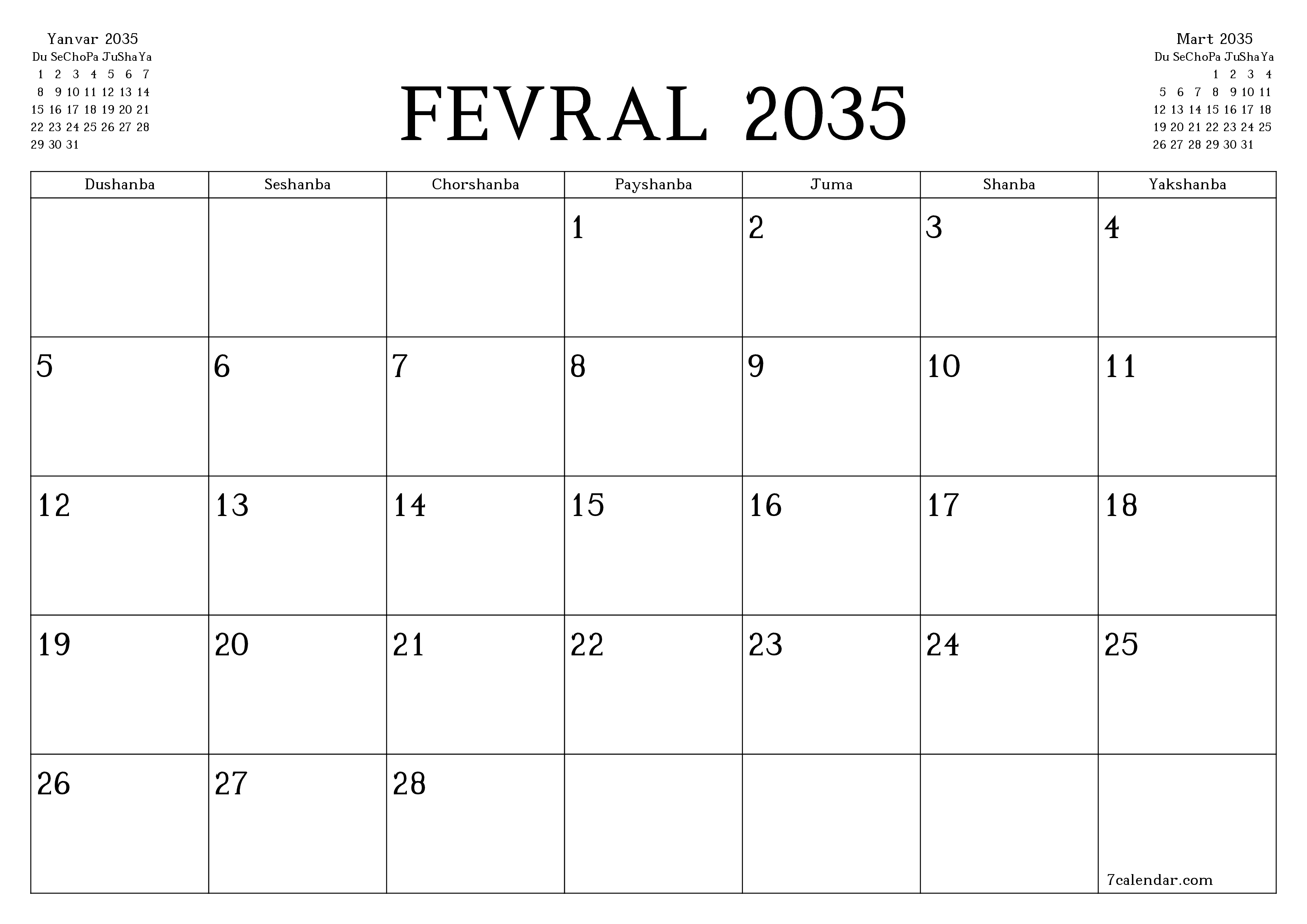 Fevral 2035 oylik oylik rejalashtiruvchini yozuvlar bilan bo'shatish, saqlash va PDF-ga chop etish PNG Uzbek