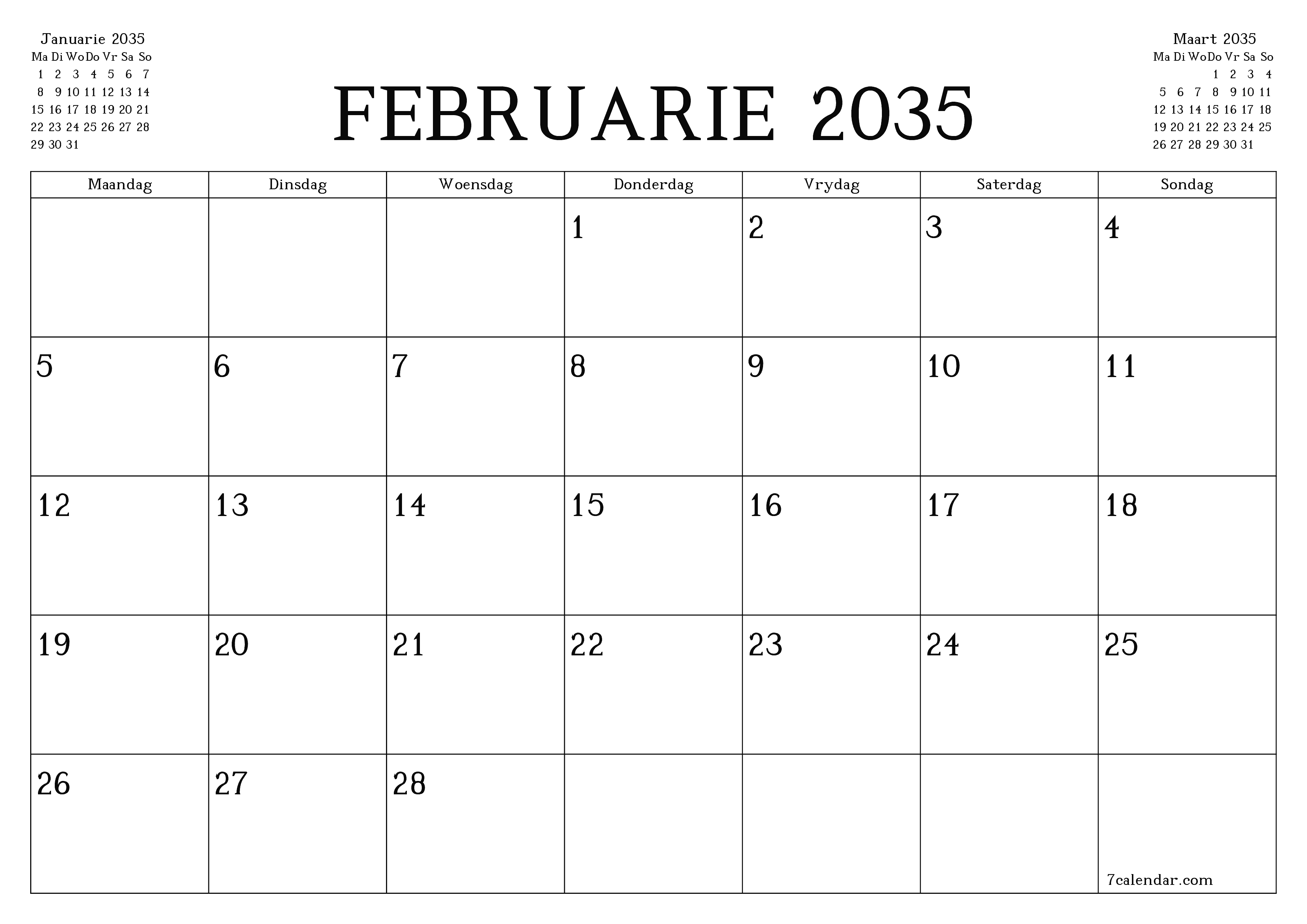 Leë maandelikse drukbare kalender en beplanner vir maand Februarie 2035 met notas stoor en druk na PDF PNG Afrikaans