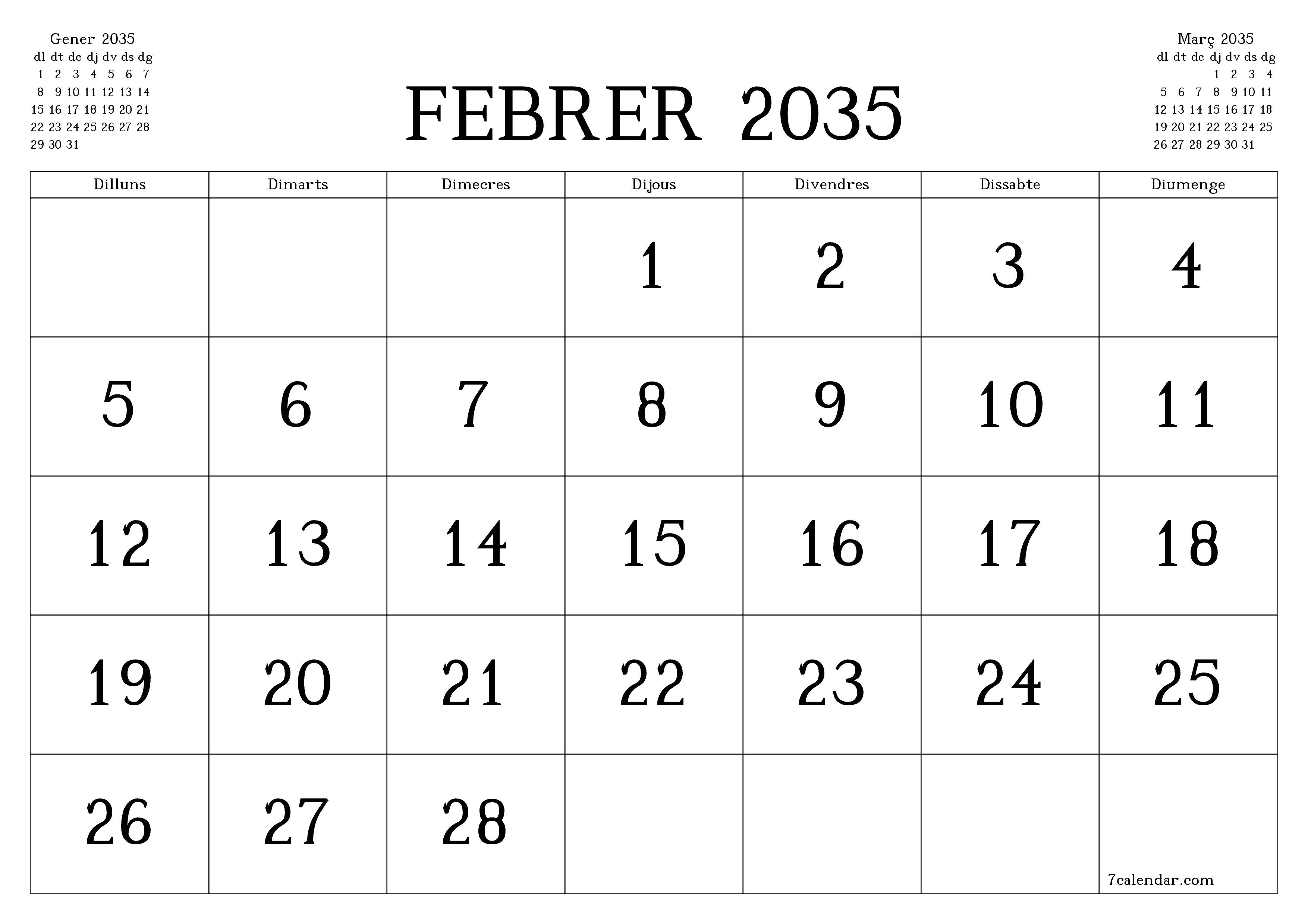 Planificador mensual buit del mes Febrer 2035 amb notes, deseu-lo i imprimiu-lo en format PDF PNG Catalan