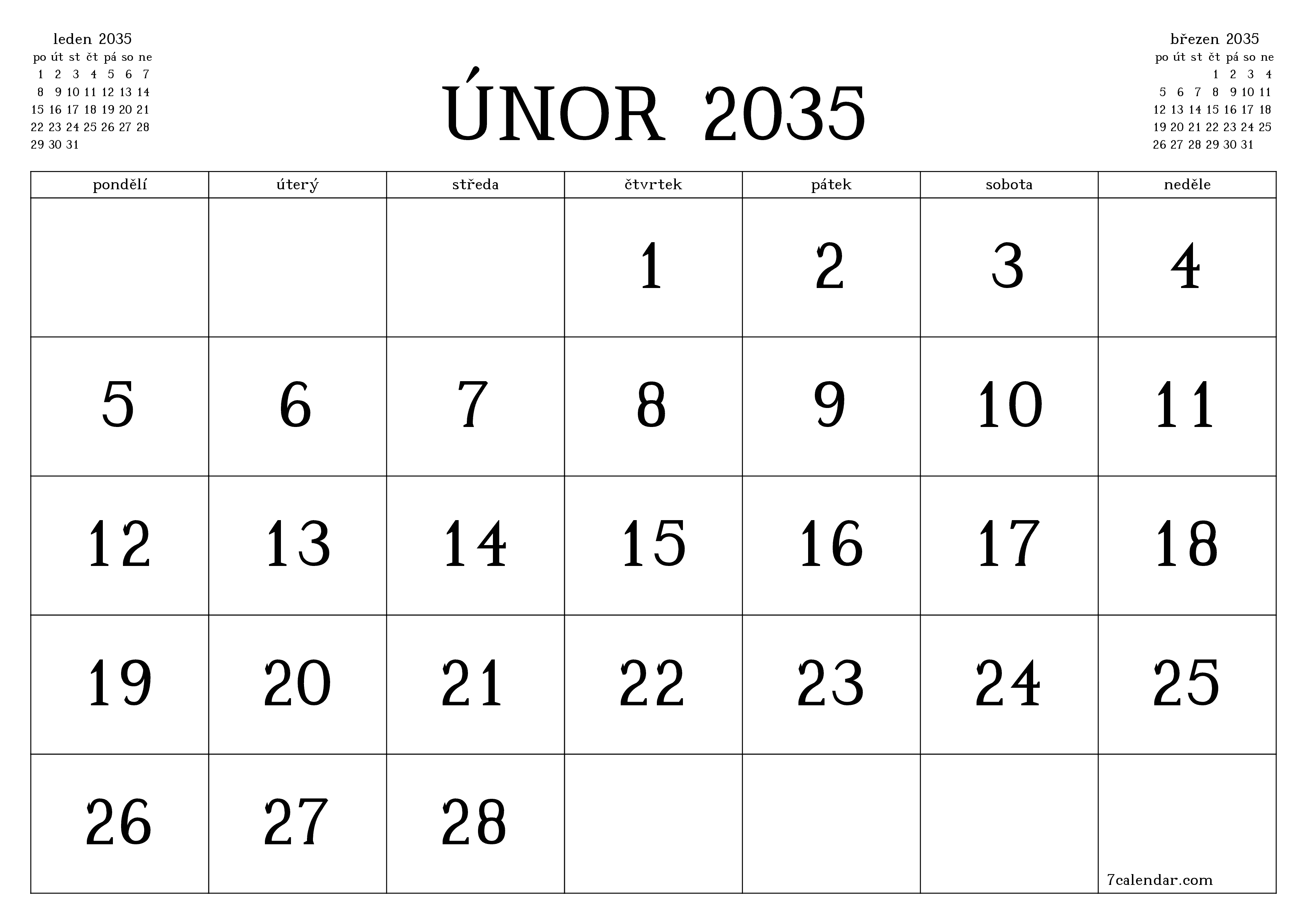 Vyprázdnit měsíční plánovač na měsíc únor 2035 s poznámkami, uložit a vytisknout do PDF PNG Czech