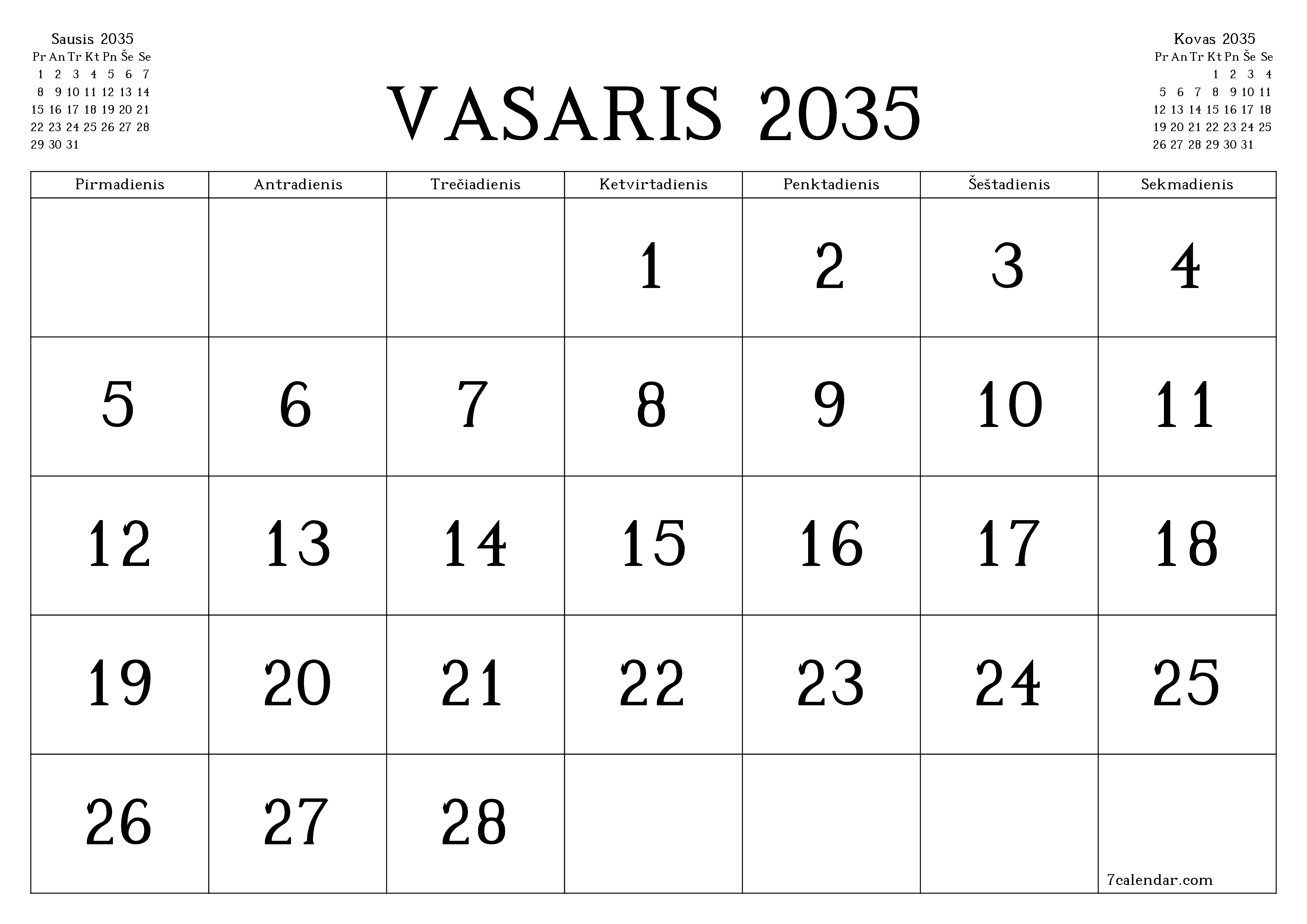 Ištuštinti mėnesio Vasaris 2035 mėnesio planavimo priemonę su užrašais, išsaugoti ir atsispausdinti PDF formate PNG Lithuanian