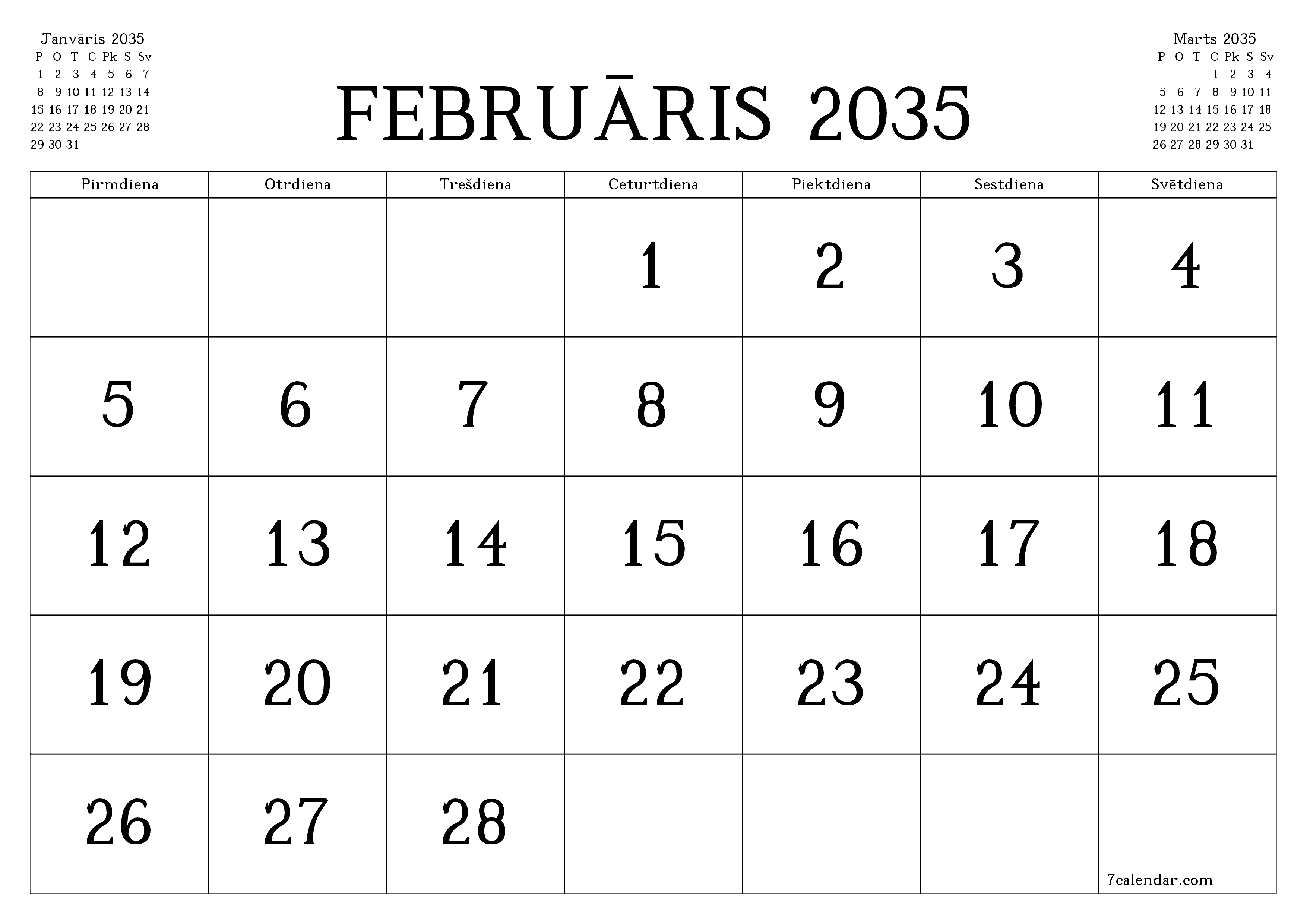Iztukšot mēneša plānotāju mēnesim Februāris 2035 ar piezīmēm, saglabāt un izdrukāt PDF formātā PNG Latvian