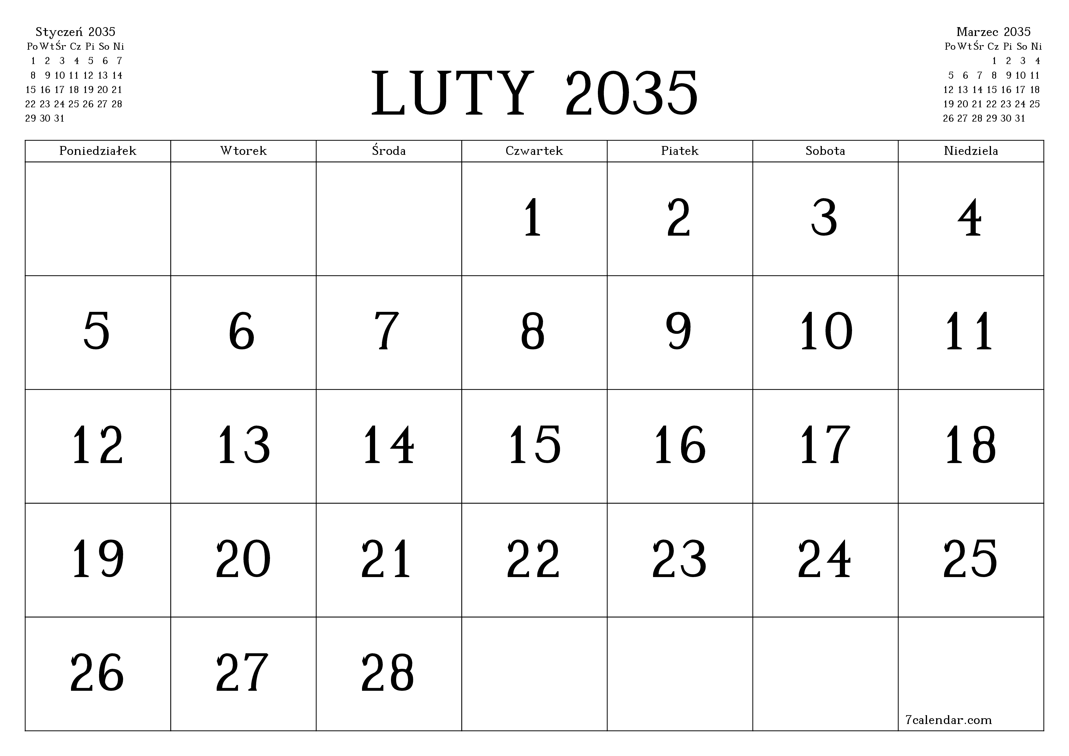 Opróżnij miesięczny planer na miesiąc Luty 2035 z notatkami, zapisz i wydrukuj w formacie PDF PNG Polish