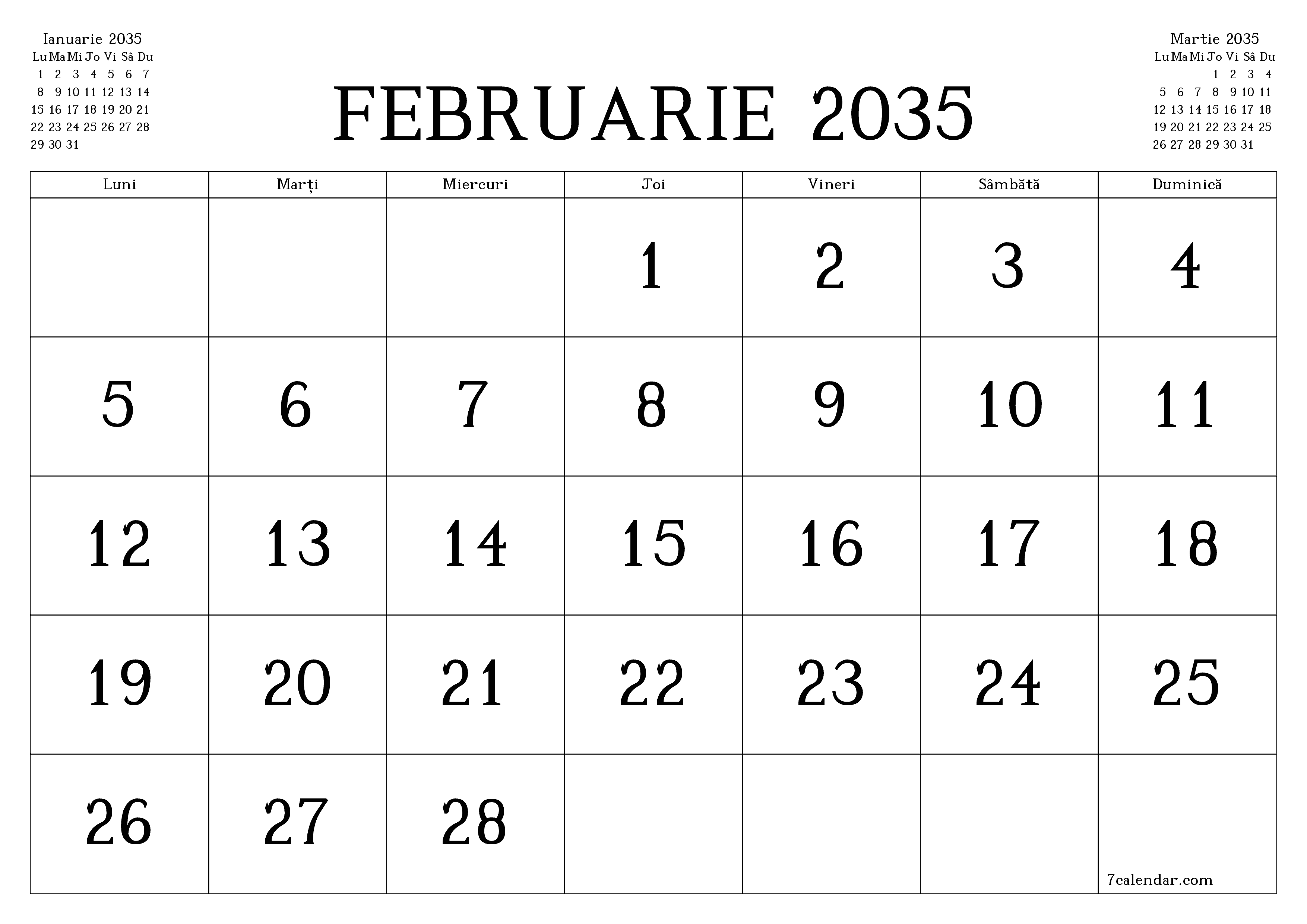 Planificator lunar gol pentru luna Februarie 2035 cu note, salvați și tipăriți în PDF PNG Romanian