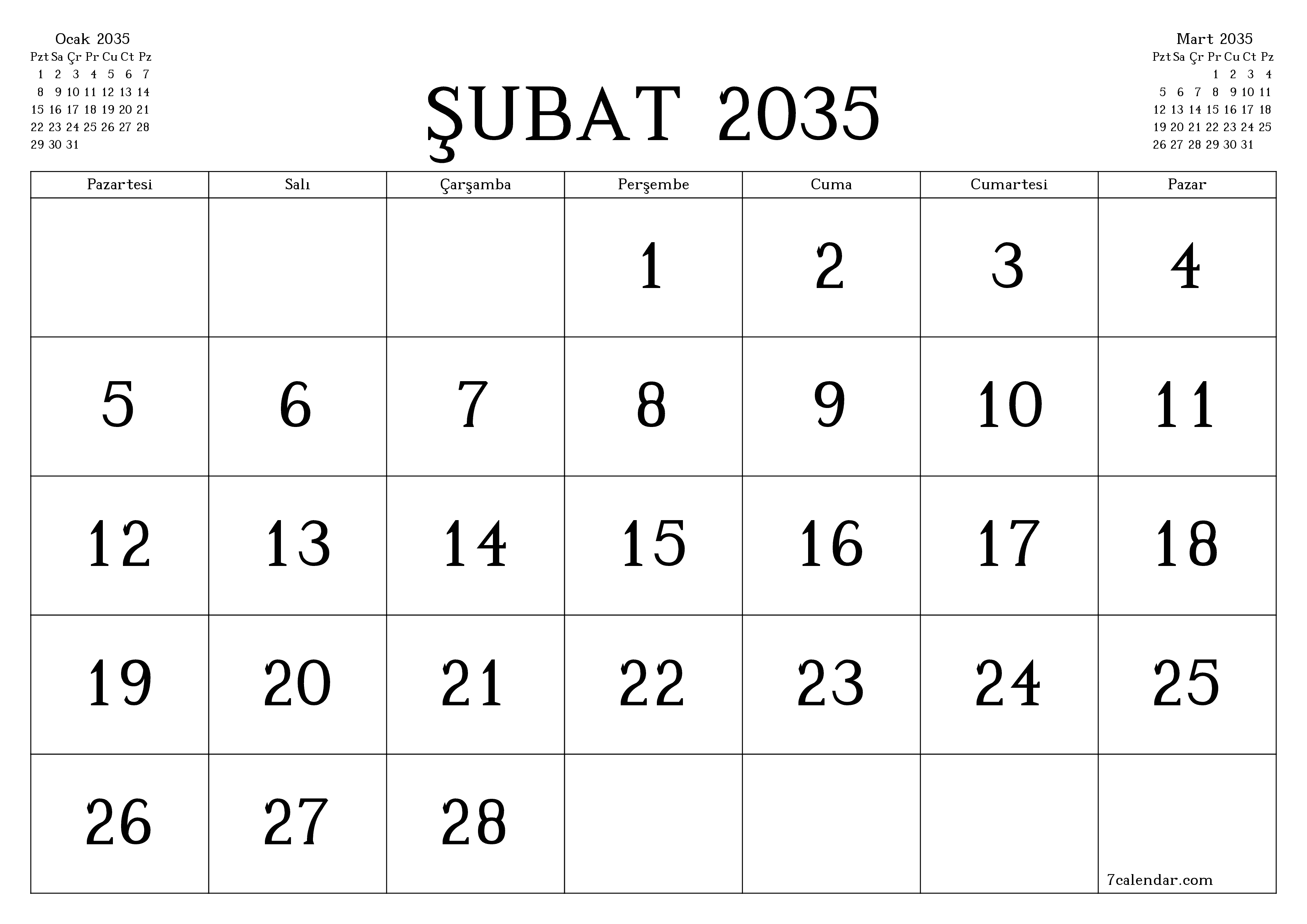 Şubat 2035 ayı için notlarla birlikte boş aylık planlayıcı, kaydedin ve PDF'ye yazdırın PNG Turkish
