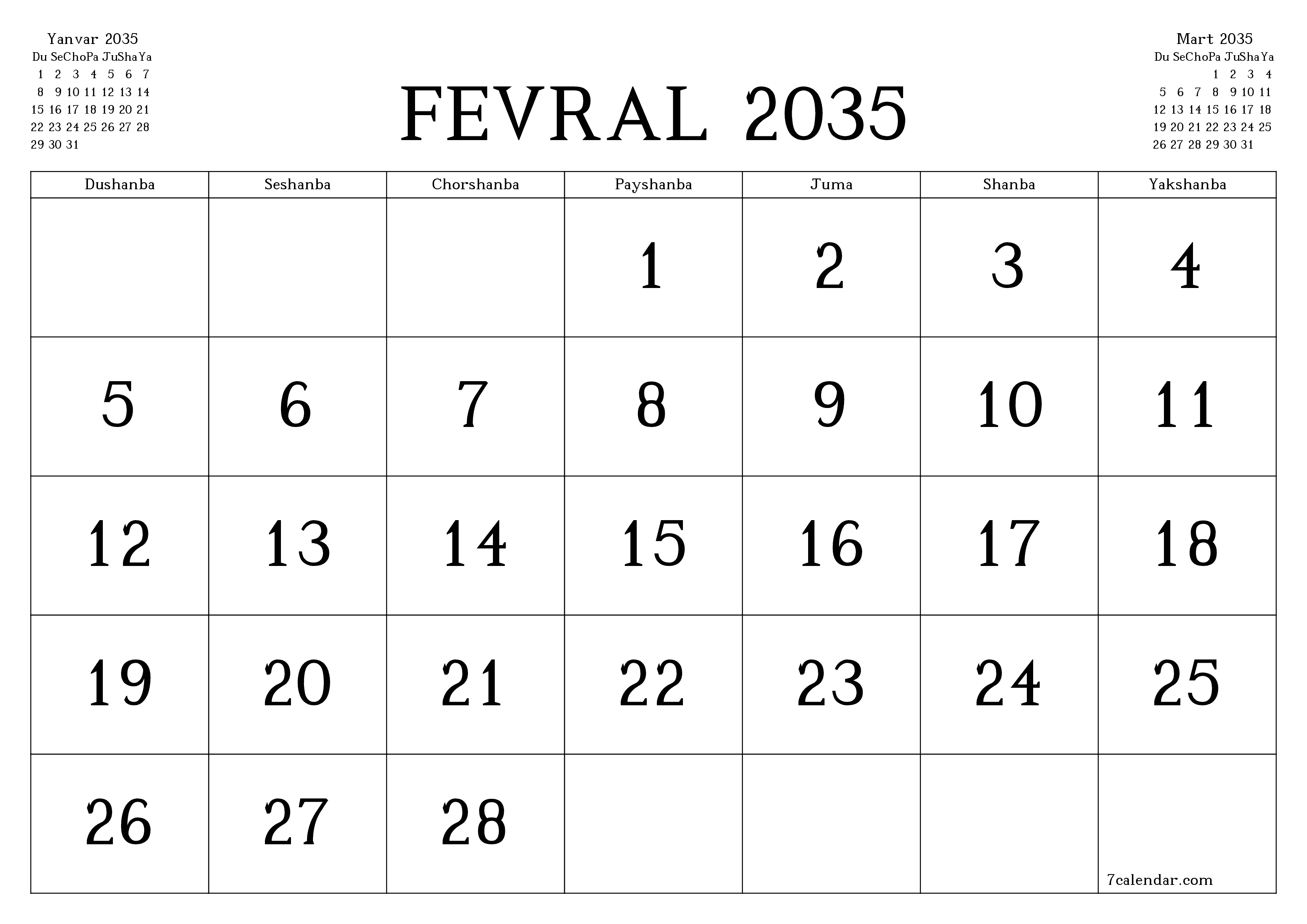 Fevral 2035 oylik oylik rejalashtiruvchini yozuvlar bilan bo'shatish, saqlash va PDF-ga chop etish PNG Uzbek