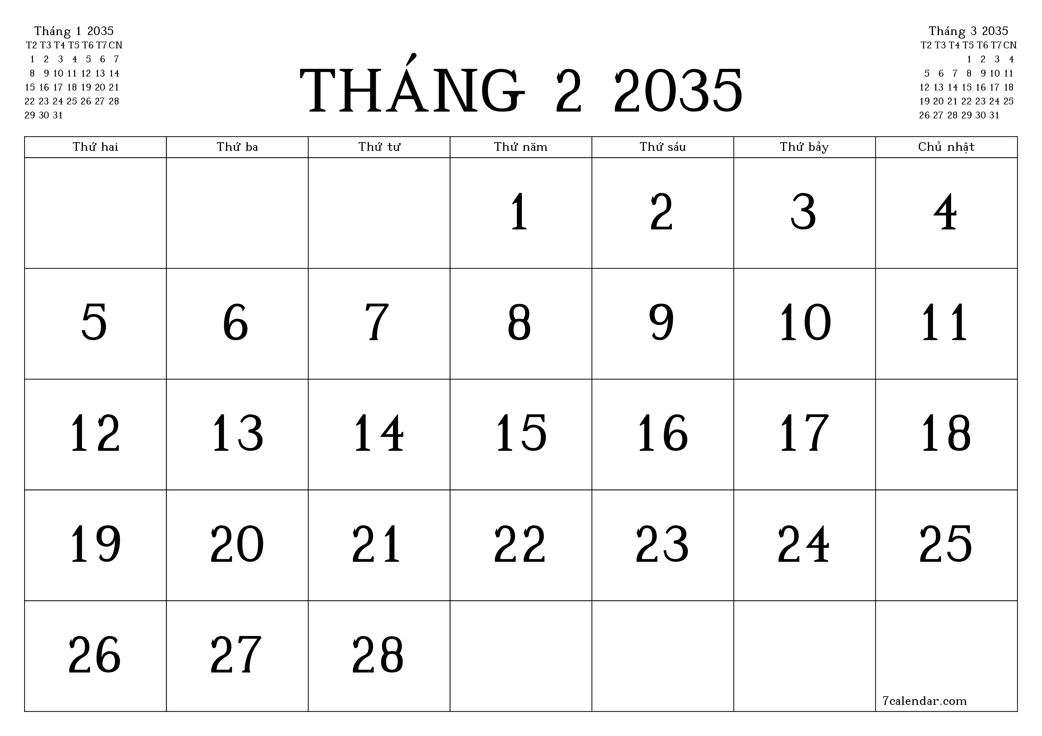 Công cụ lập kế hoạch hàng tháng trống cho tháng Tháng 2 2035 có ghi chú, lưu và in sang PDF PNG Vietnamese