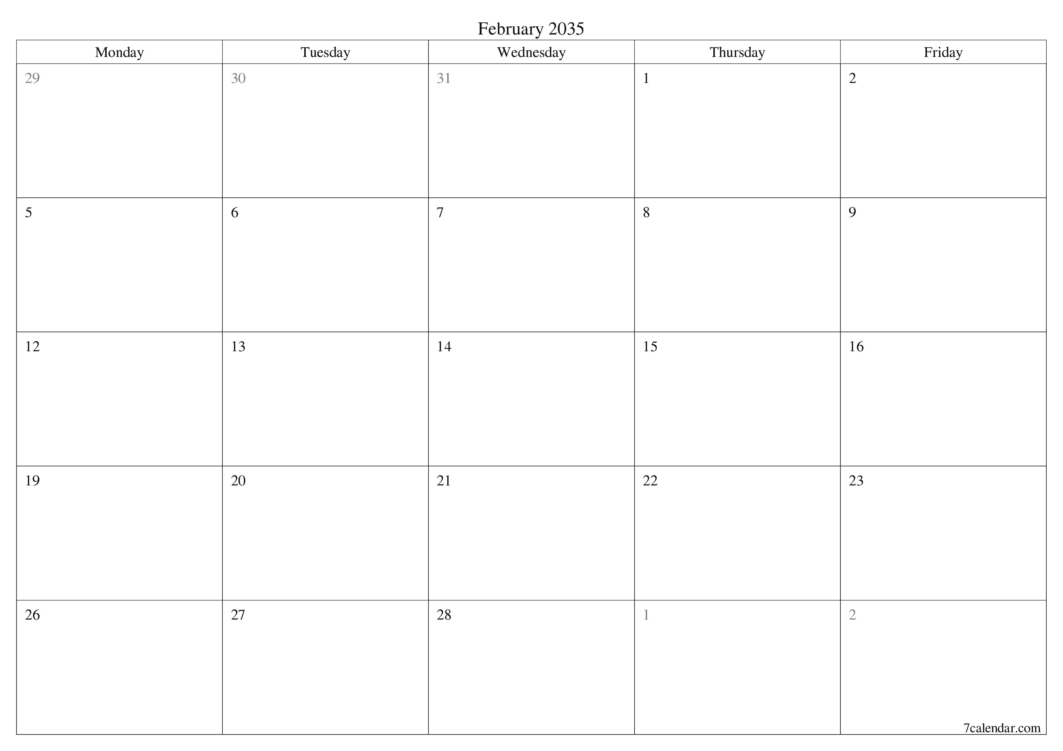 Blank calendar February 2035
