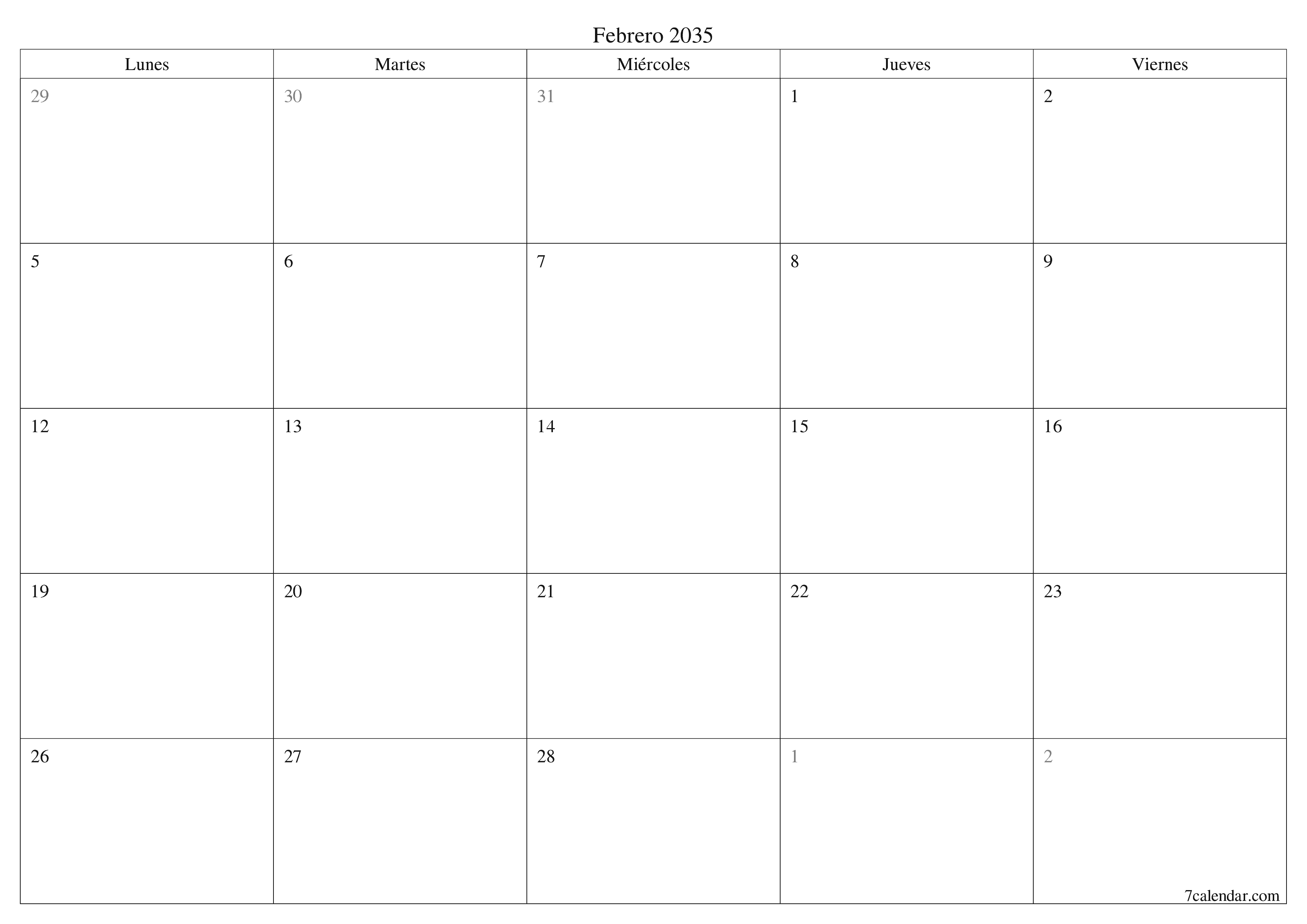 Planificador mensual vacío para el mes Febrero 2035 con notas, guardar e imprimir en PDF PNG Spanish