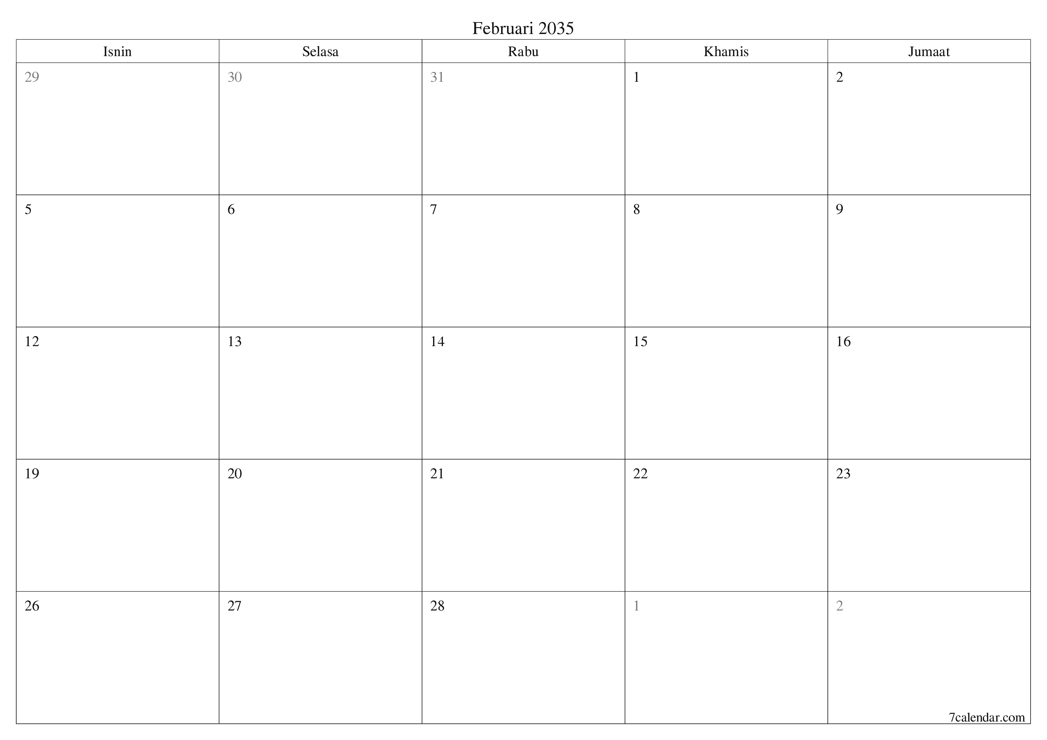 Perancang bulanan kosong untuk bulan Februari 2035 dengan nota, simpan dan cetak ke PDF PNG Malay