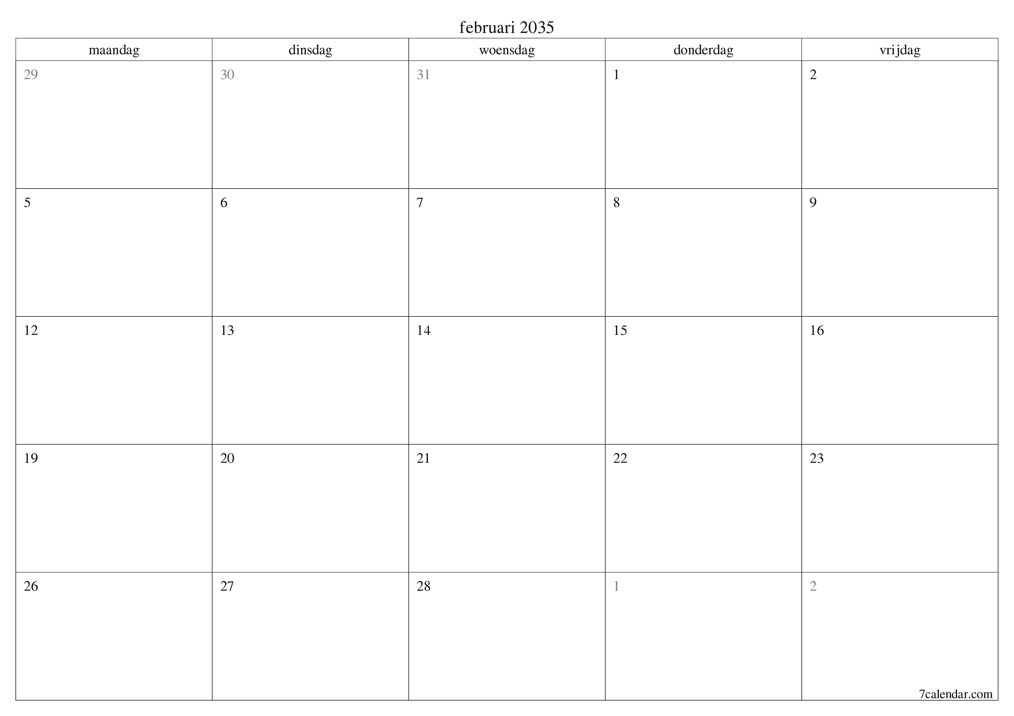 Lege maandplanner voor maand februari 2035 met notities, opslaan en afdrukken naar pdf PNG Dutch