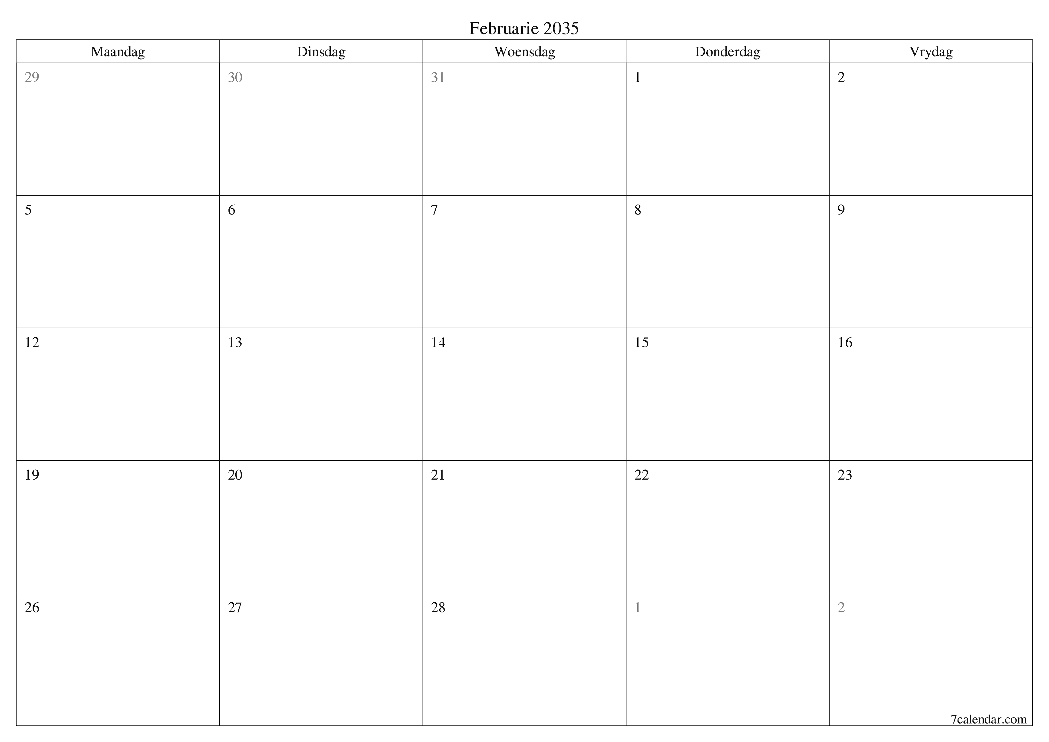Leë maandelikse drukbare kalender en beplanner vir maand Februarie 2035 met notas stoor en druk na PDF PNG Afrikaans