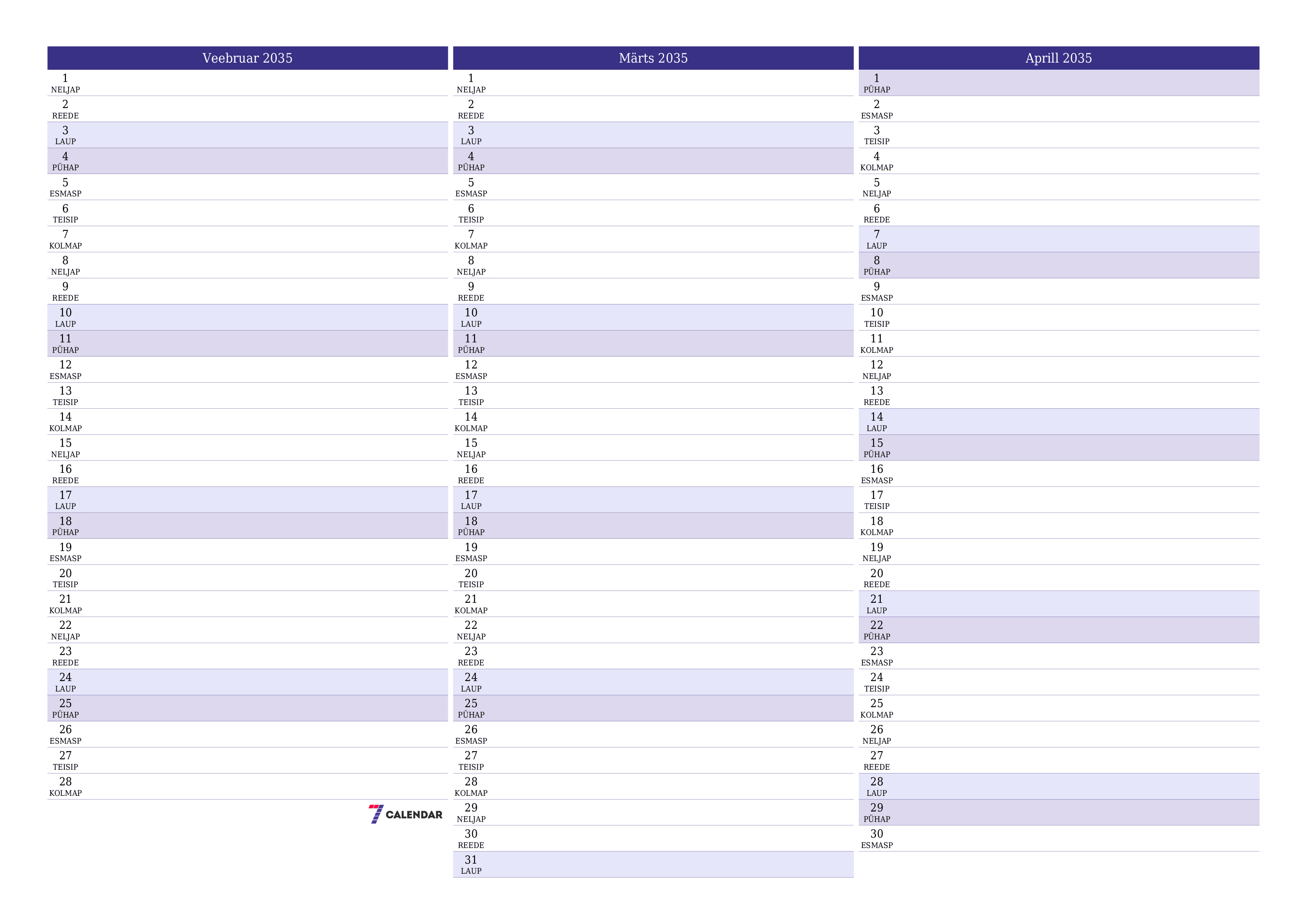 Tühjendage kuu Veebruar 2035 kuuplaneerija märkmetega, salvestage ja printige PDF-i PNG Estonian