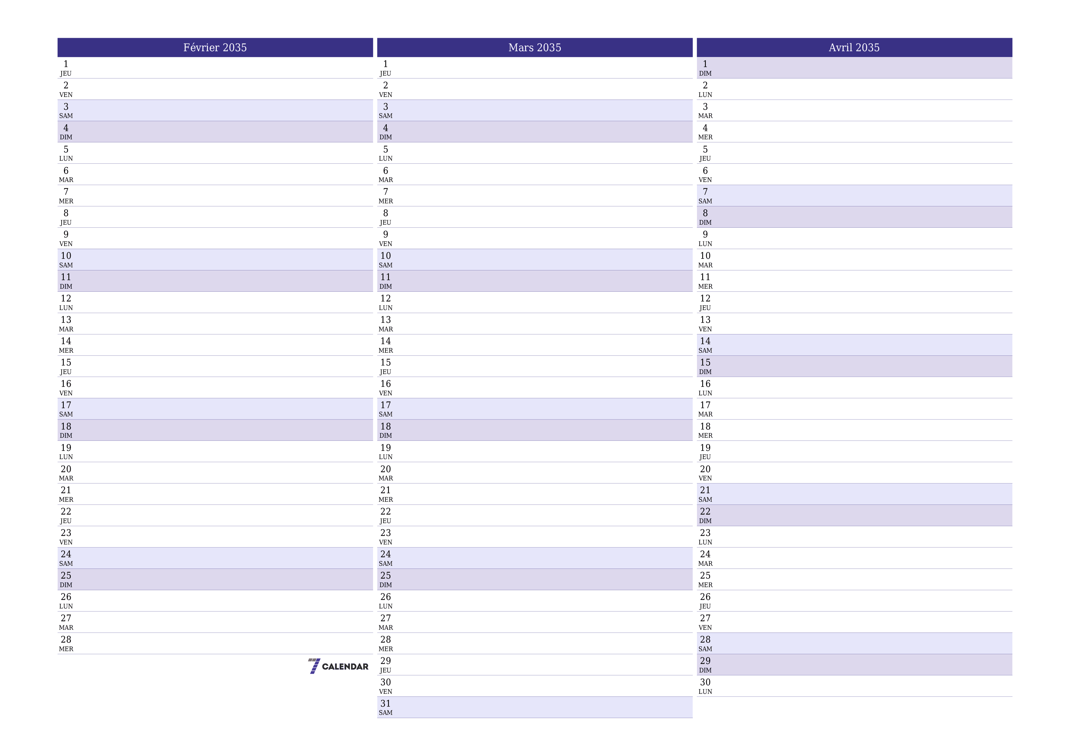 Agenda mensuel vide pour le mois Février 2035 avec notes, enregistrez et imprimez au format PDF PNG French