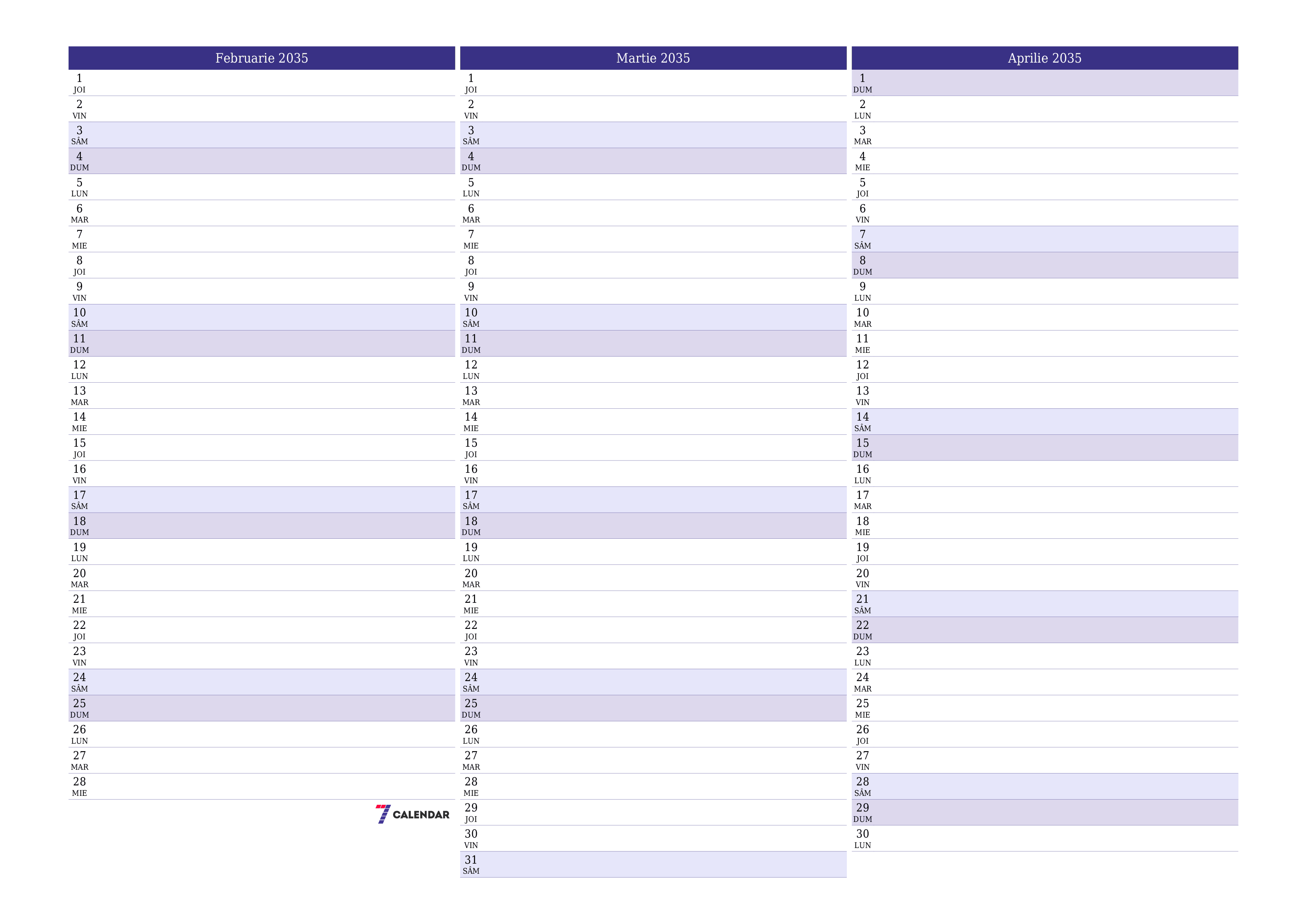 Planificator lunar gol pentru luna Februarie 2035 cu note, salvați și tipăriți în PDF PNG Romanian