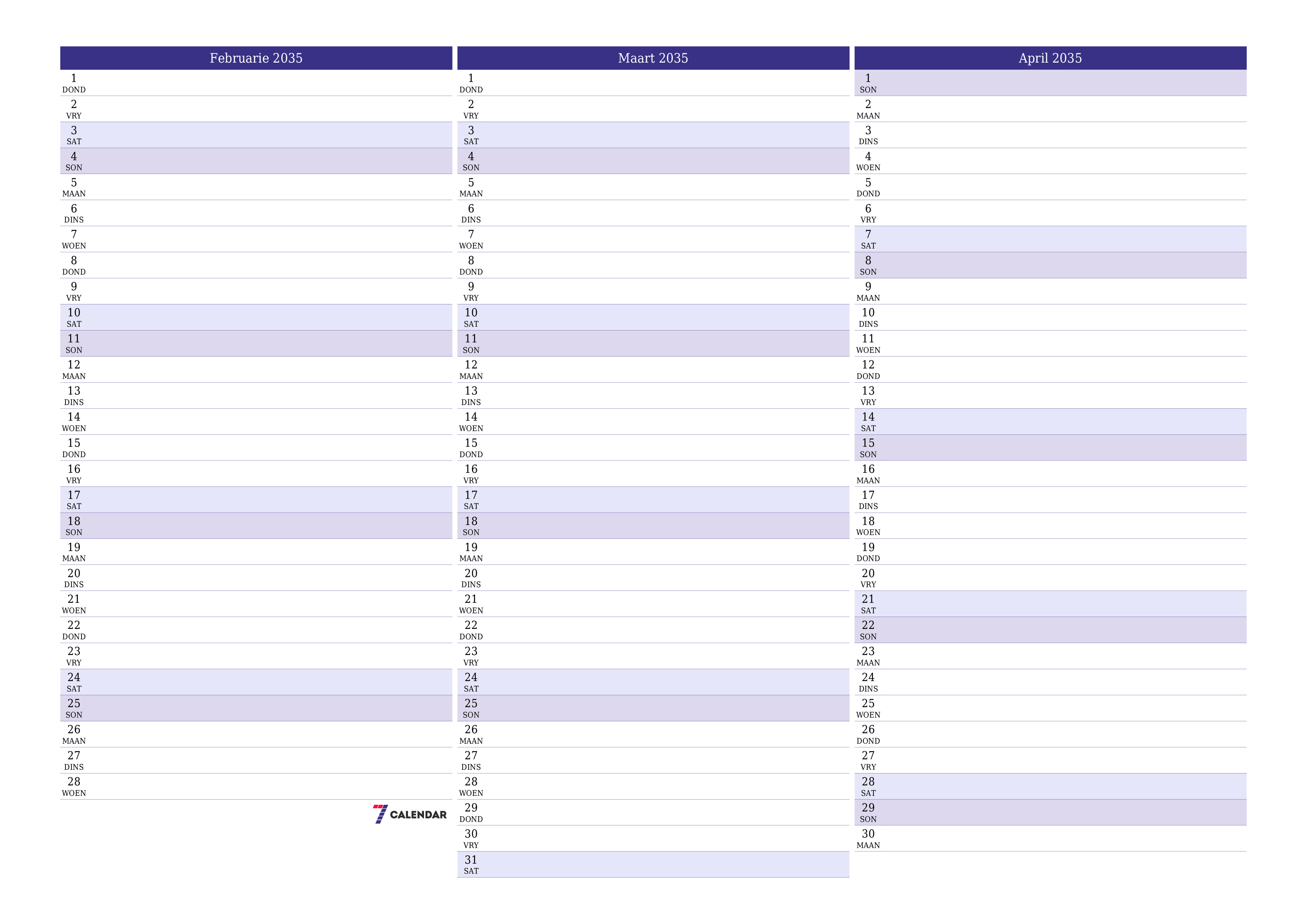 Leë maandelikse drukbare kalender en beplanner vir maand Februarie 2035 met notas stoor en druk na PDF PNG Afrikaans