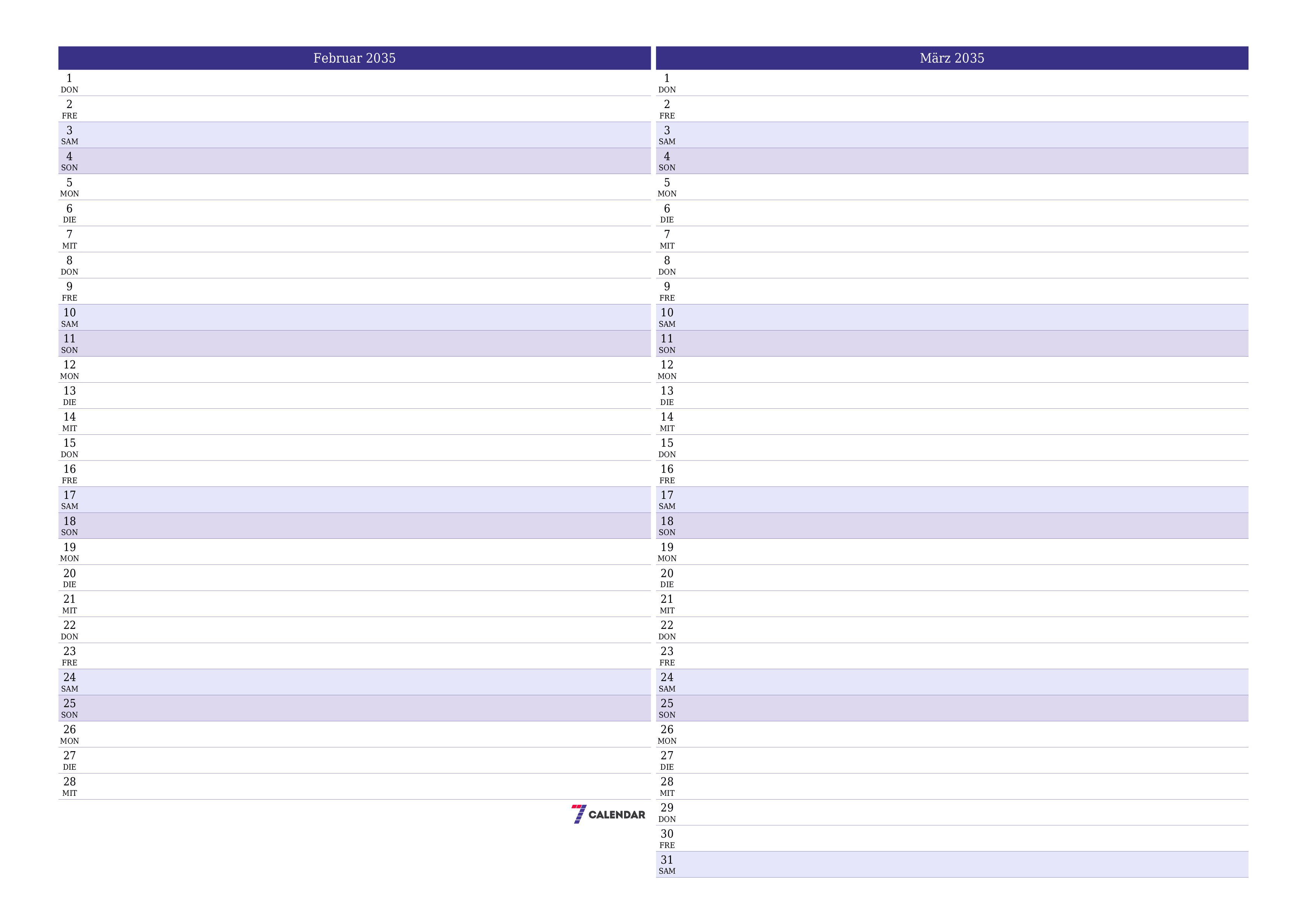 Monatsplaner für Monat Februar 2035 mit Notizen leeren, speichern und als PDF PNG German - 7calendar.com drucken