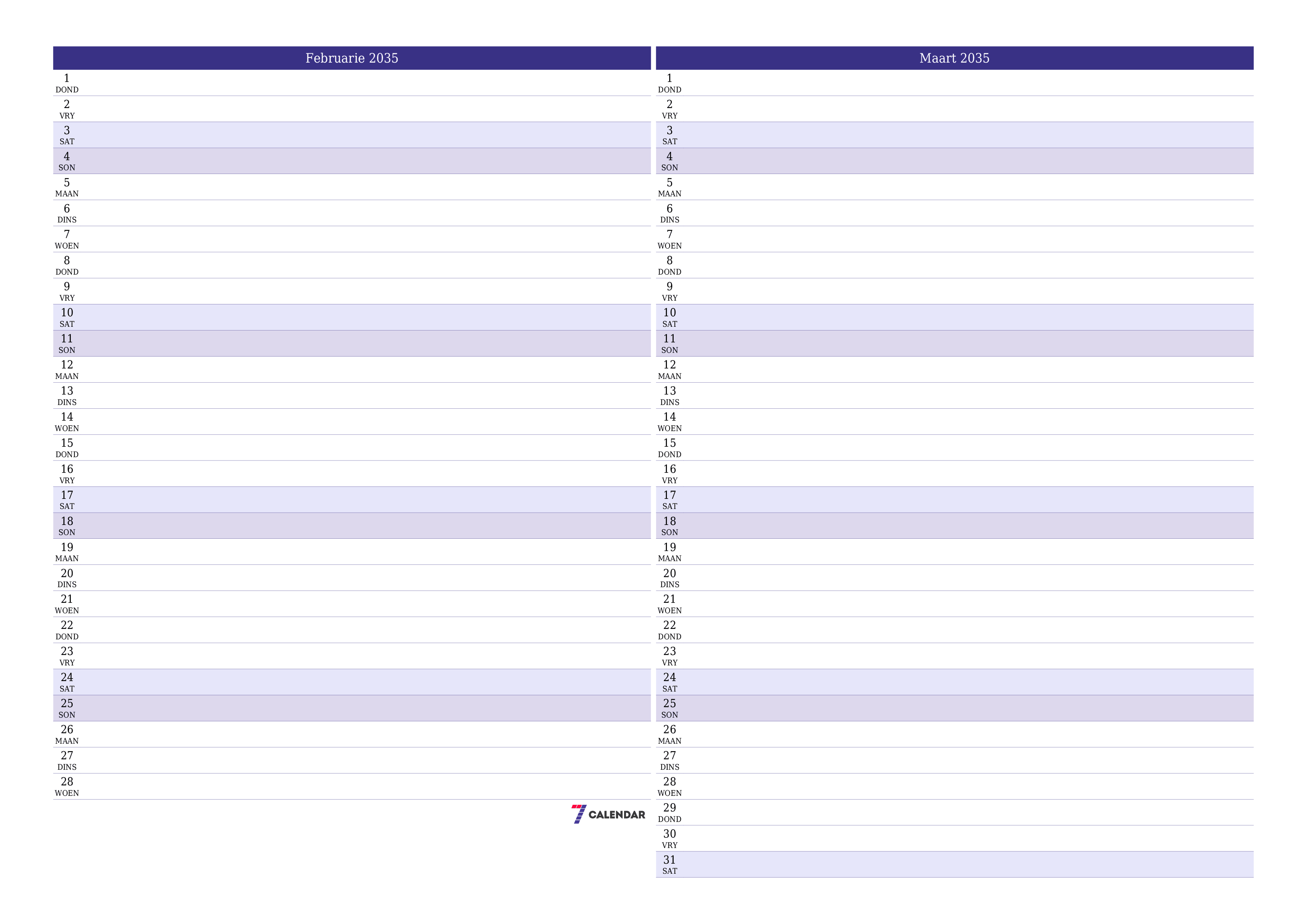 Leë maandelikse drukbare kalender en beplanner vir maand Februarie 2035 met notas stoor en druk na PDF PNG Afrikaans