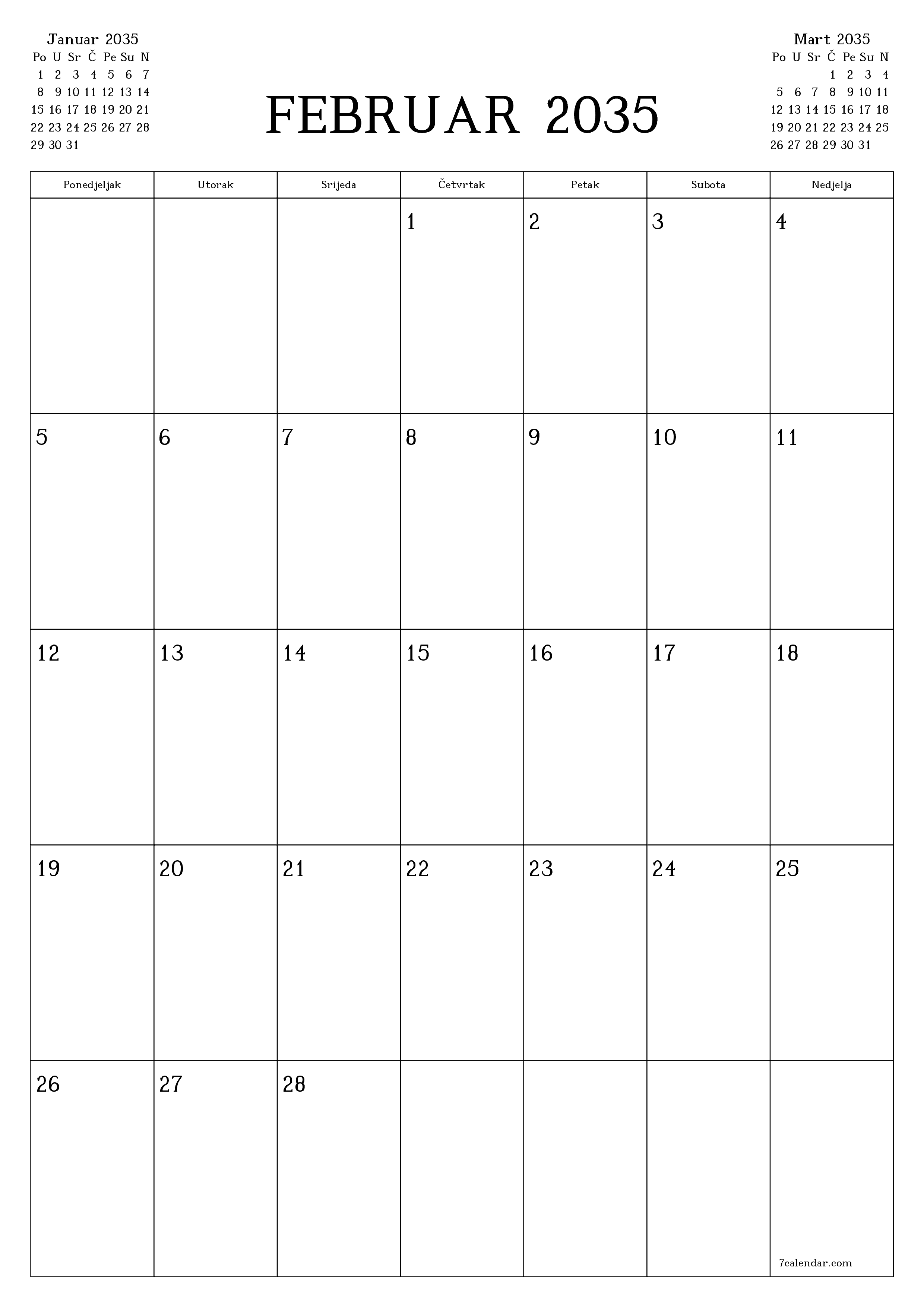  za štampanje zidni šablon a besplatni vertikalno Mjesečno planer kalendar Februar (Feb) 2035