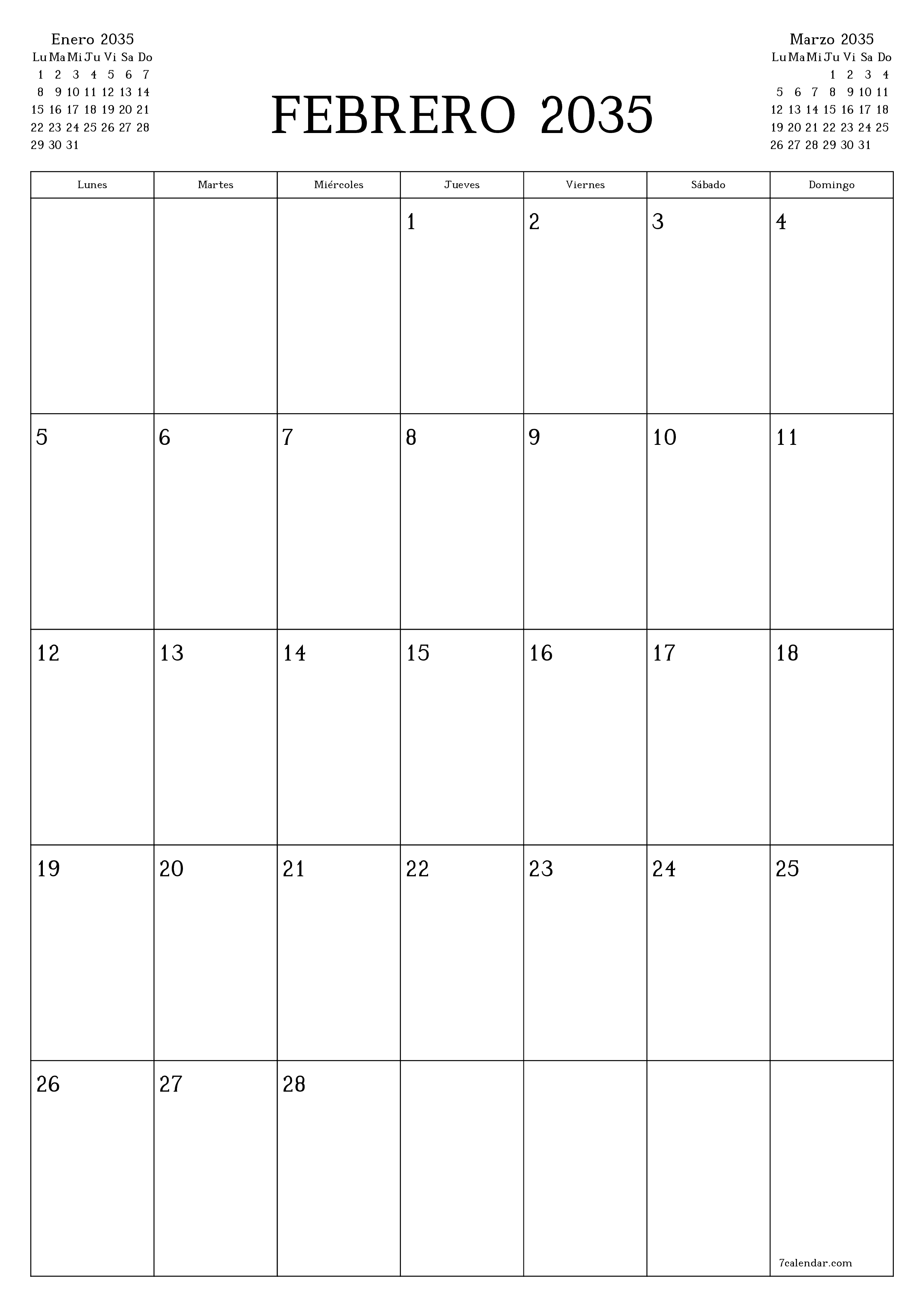  imprimible de pared plantilla de gratisvertical Mensual planificador calendario Febrero (Feb) 2035