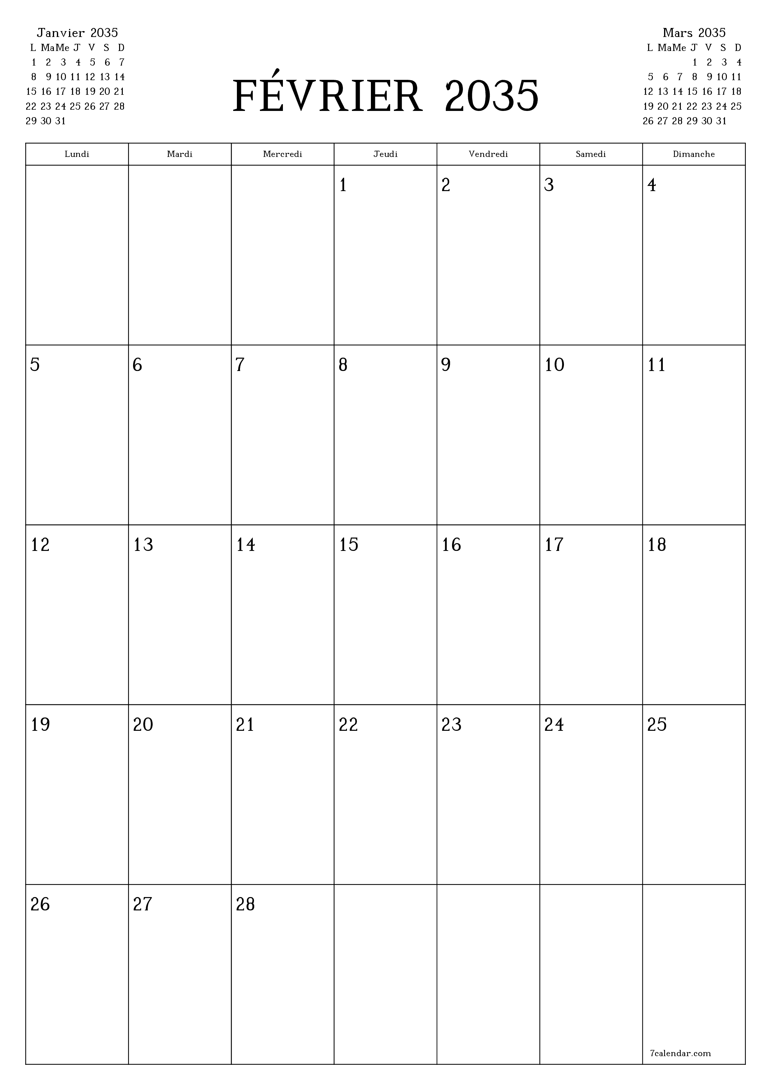  imprimable mural modèle de gratuitverticale Mensuel planificateur calendrier Février (Fév) 2035
