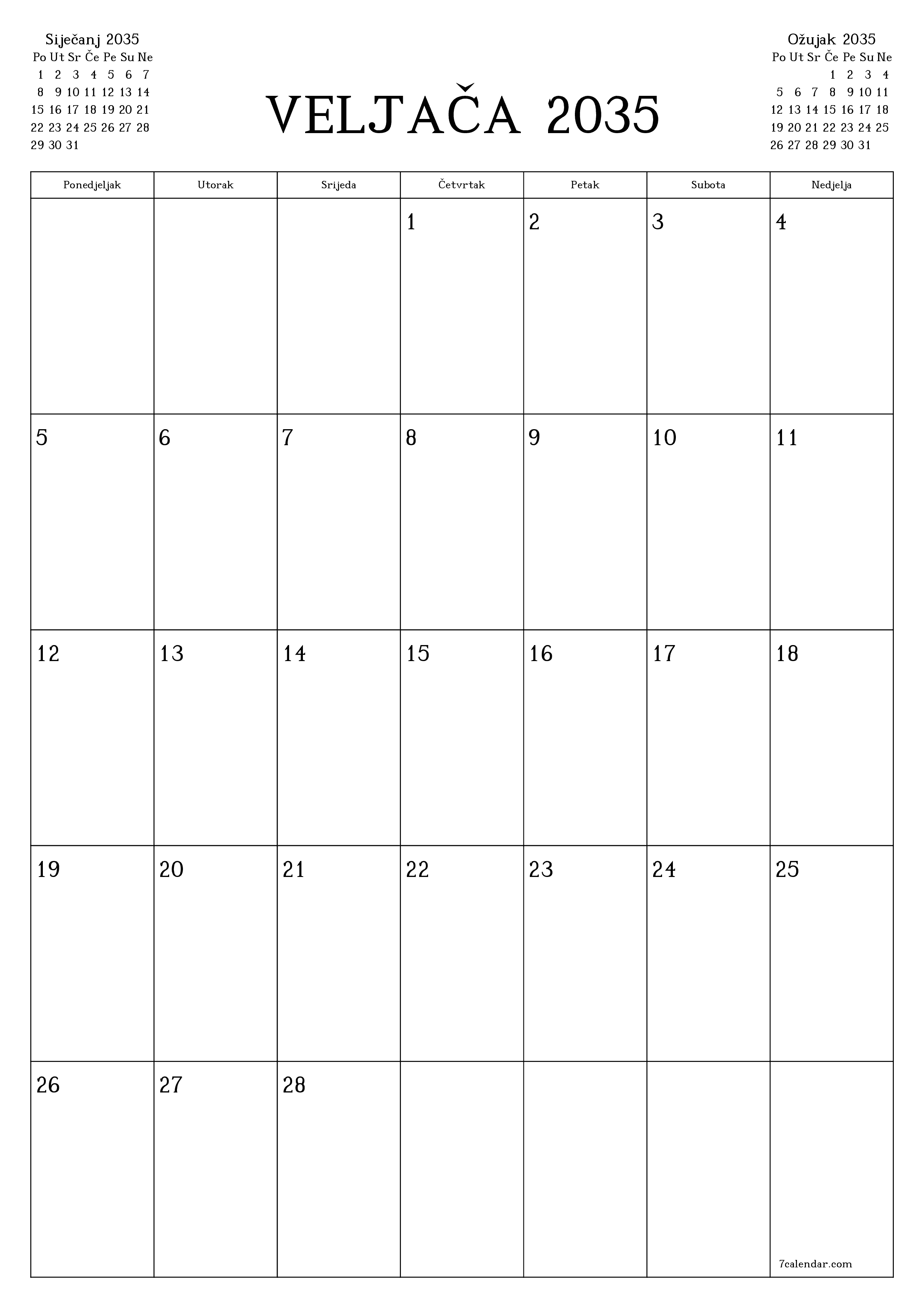  za ispis zidni predložak a besplatni okomito Mjesečni planer kalendar Veljača (Vel) 2035