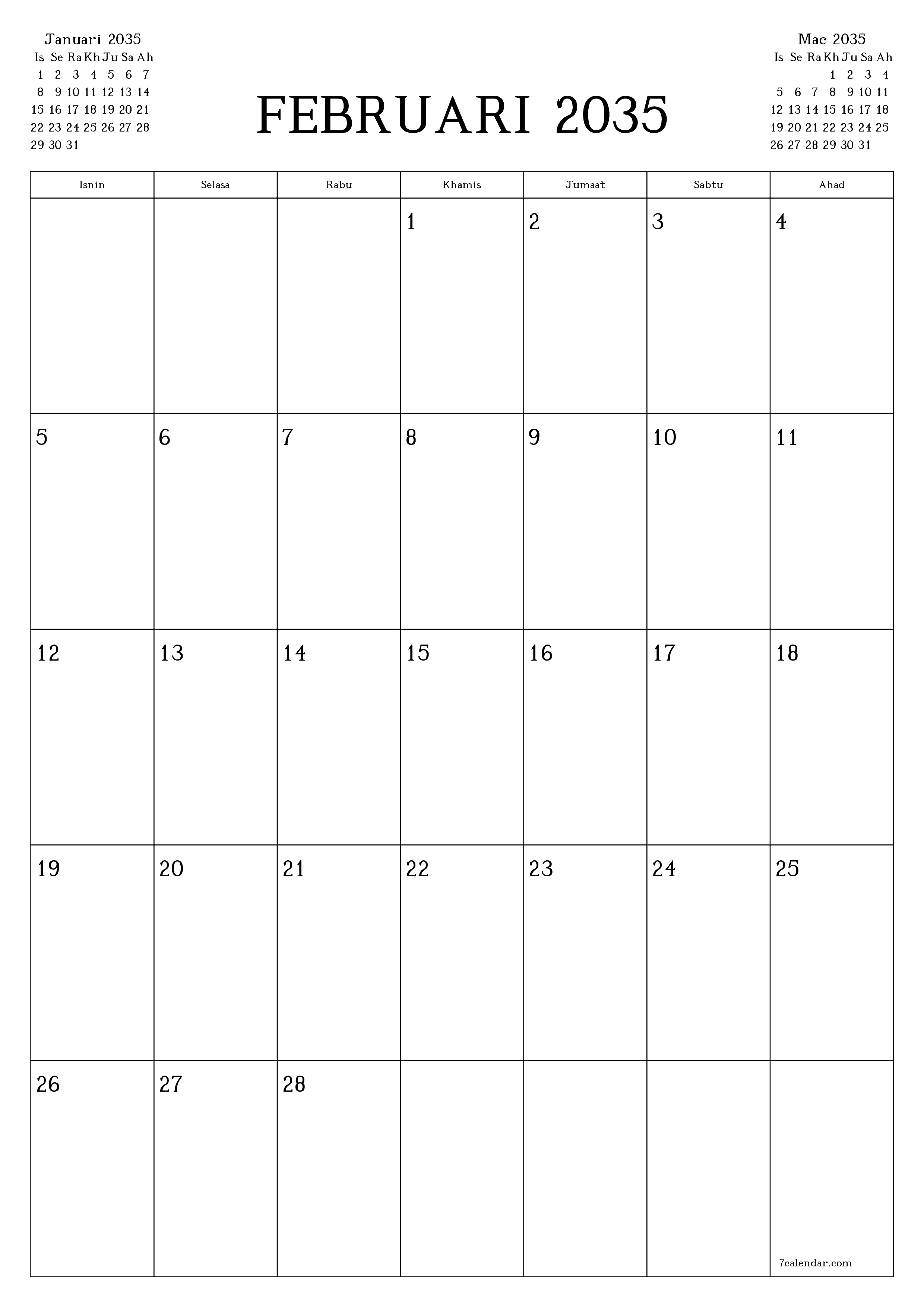  boleh cetak dinding templat percumamenegak Bulanan perancang kalendar Februari (Feb) 2035