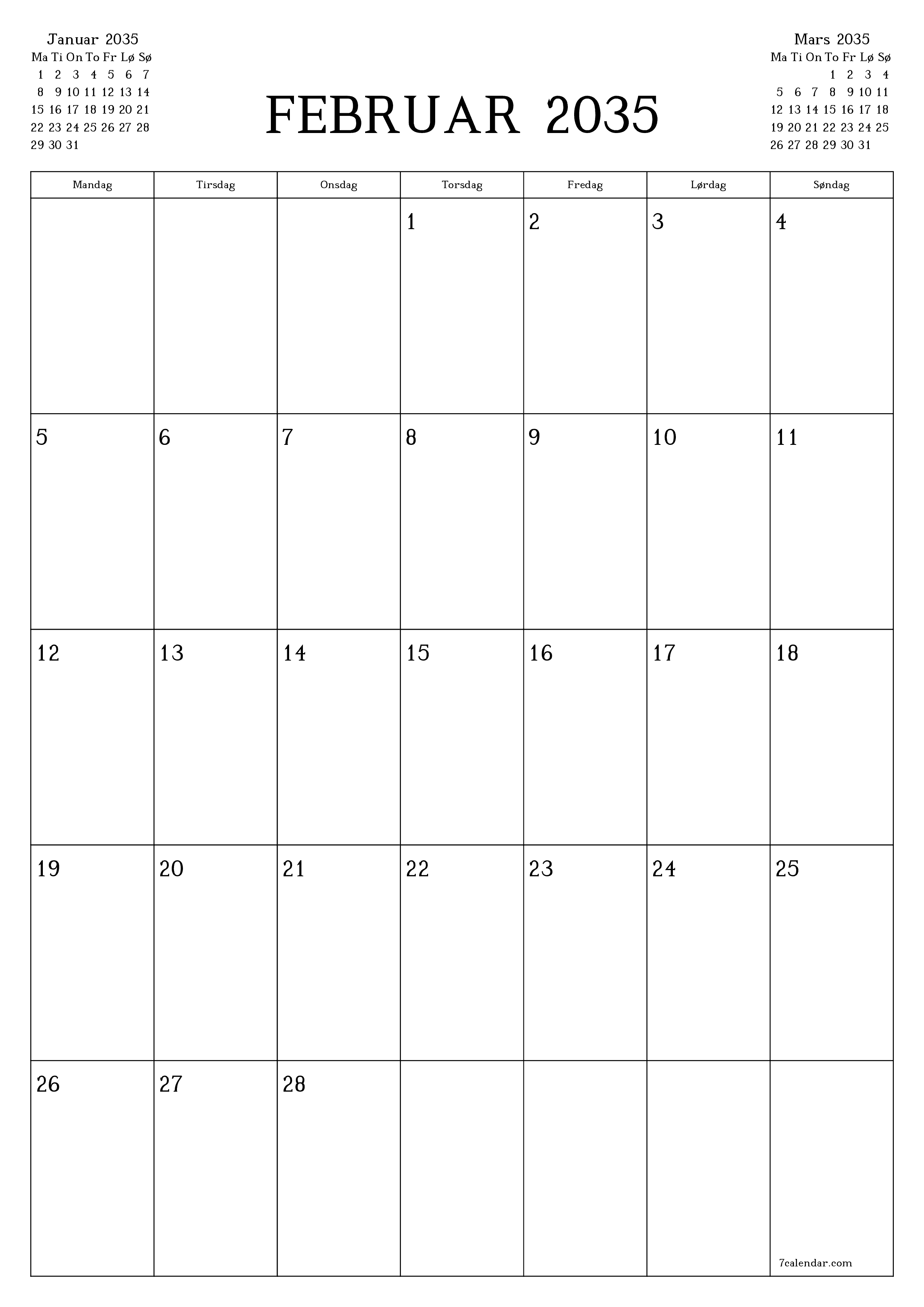 utskrivbar vegg mal gratis vertikal Månedlig planlegger kalender Februar (Feb) 2035