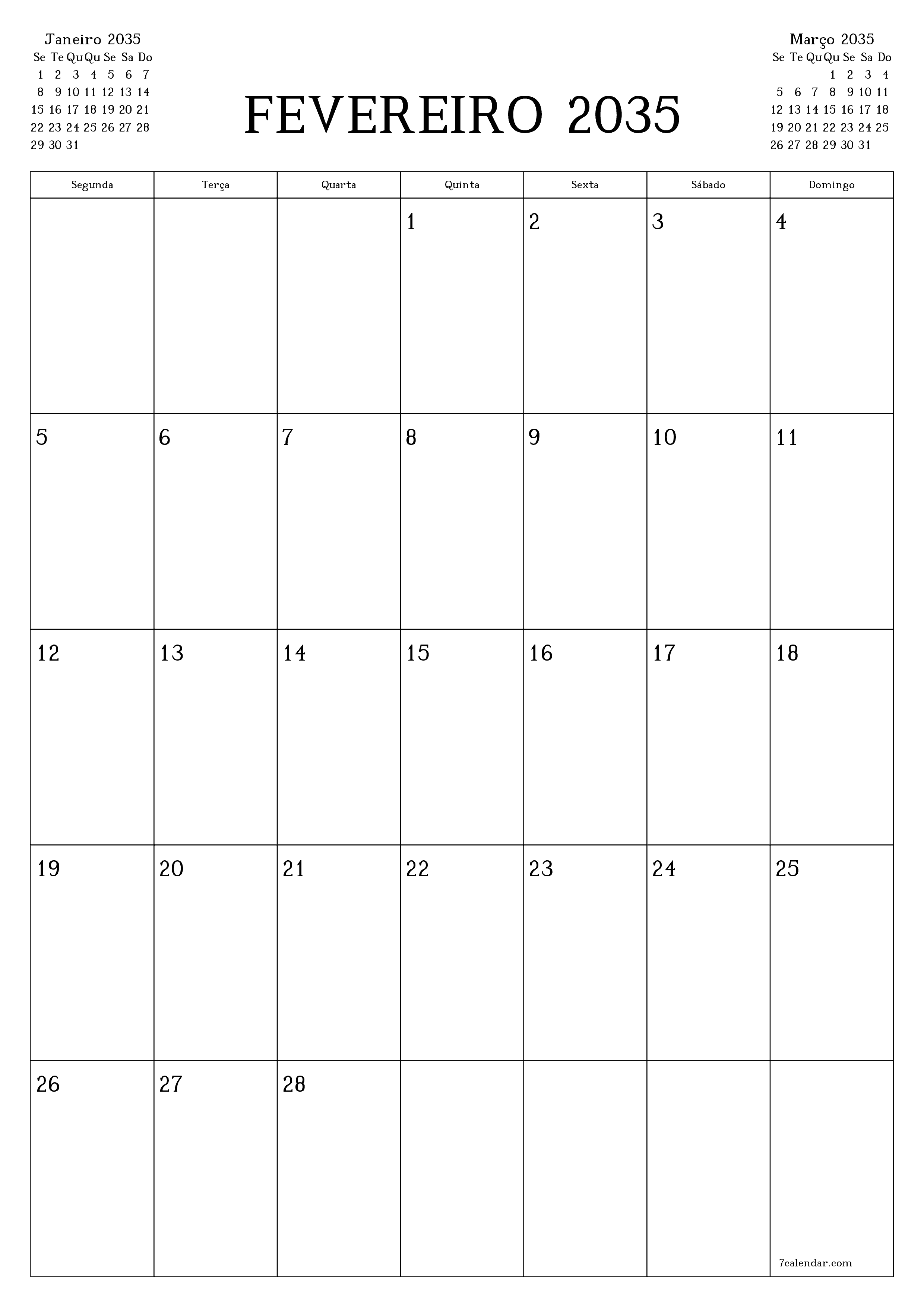  para impressão de parede modelo de grátisvertical Mensal planejador calendário Fevereiro (Fev) 2035